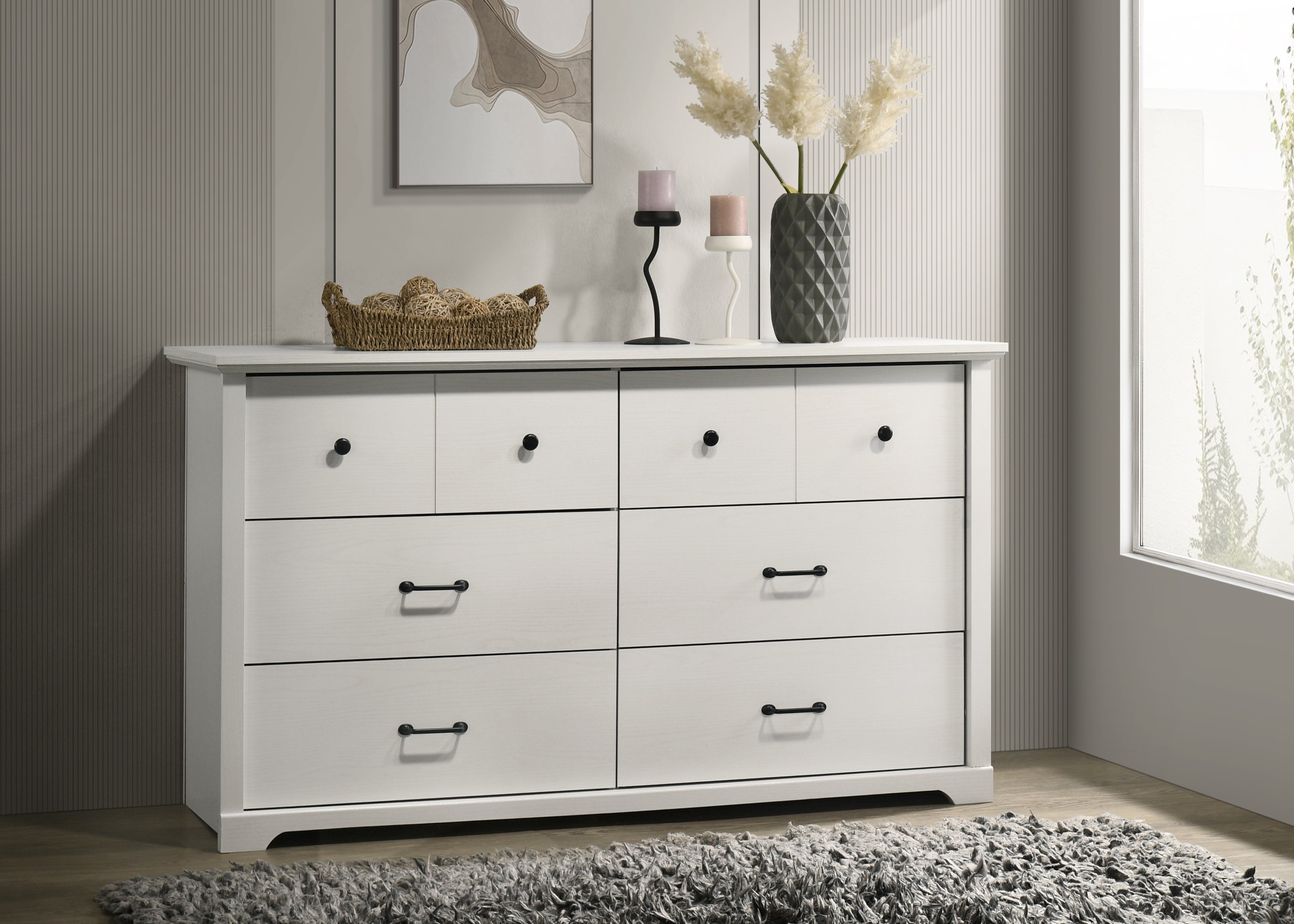 Elara 57"W White 6-Drawer Dresser with Black Handles Storage
