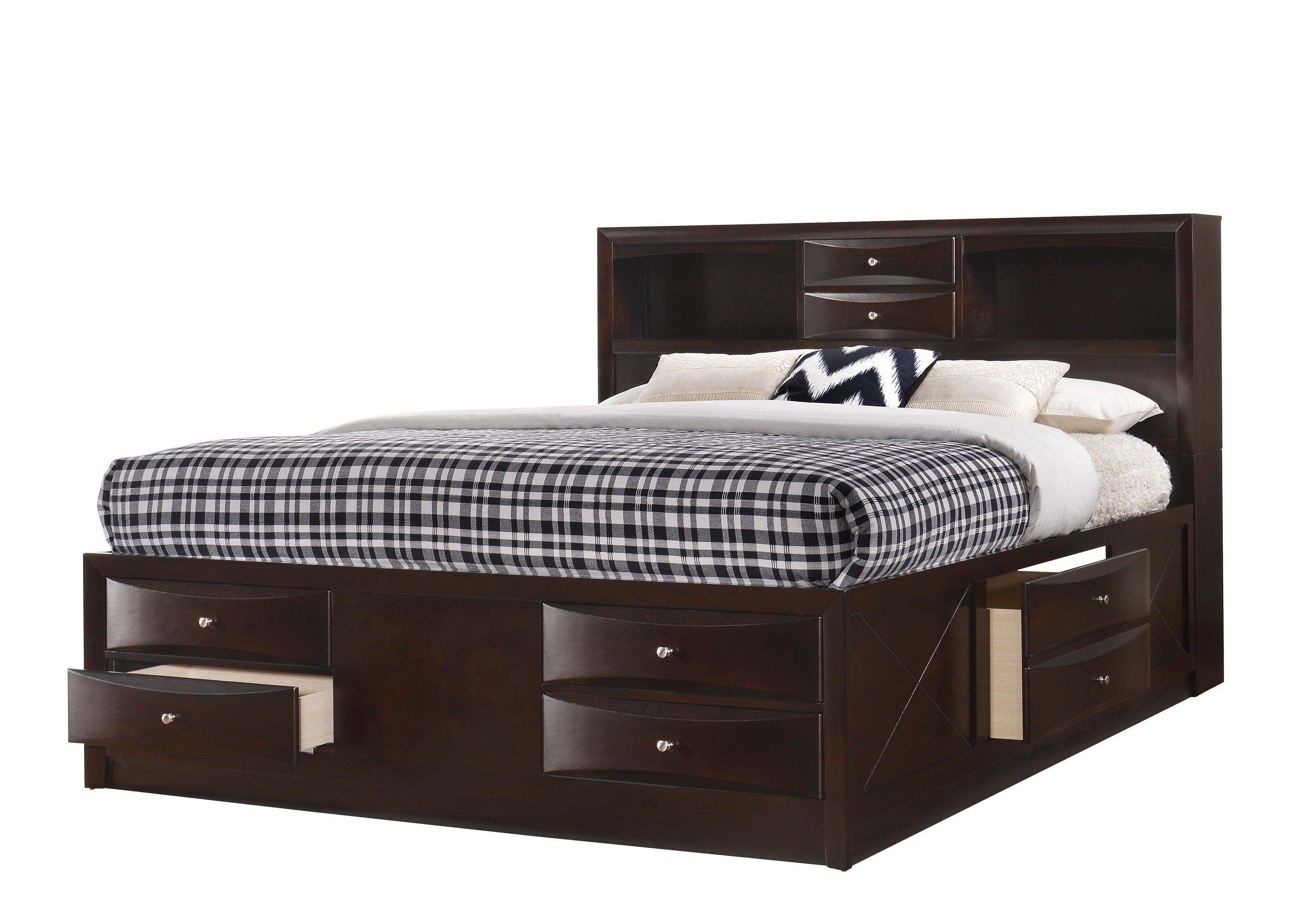 King Captain's Platform Bed w/ Bookcase Headboard, Side Storage, Cherry