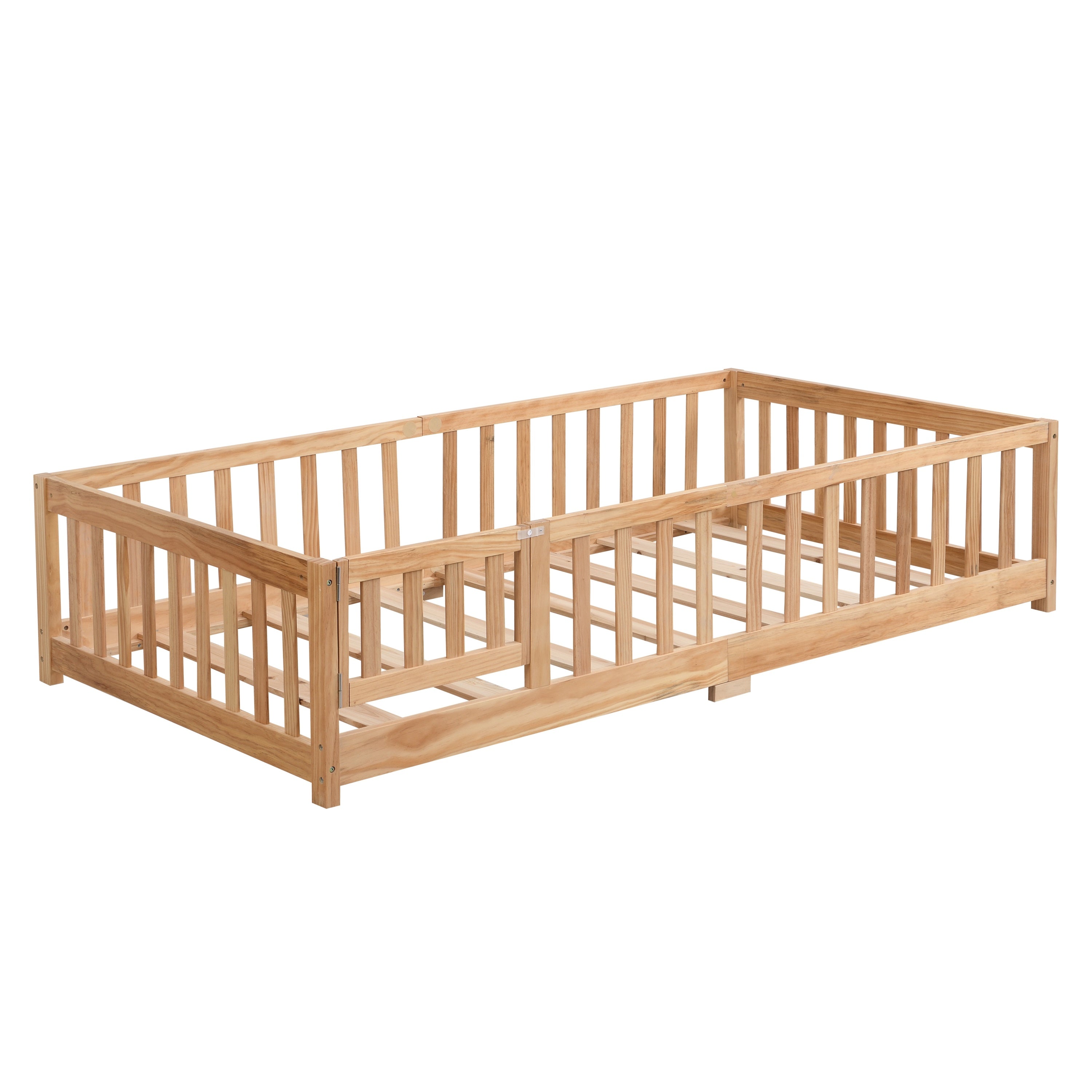 Solid Wood Full Size Kids Floor Bed with Door & Safety Rails - Pine