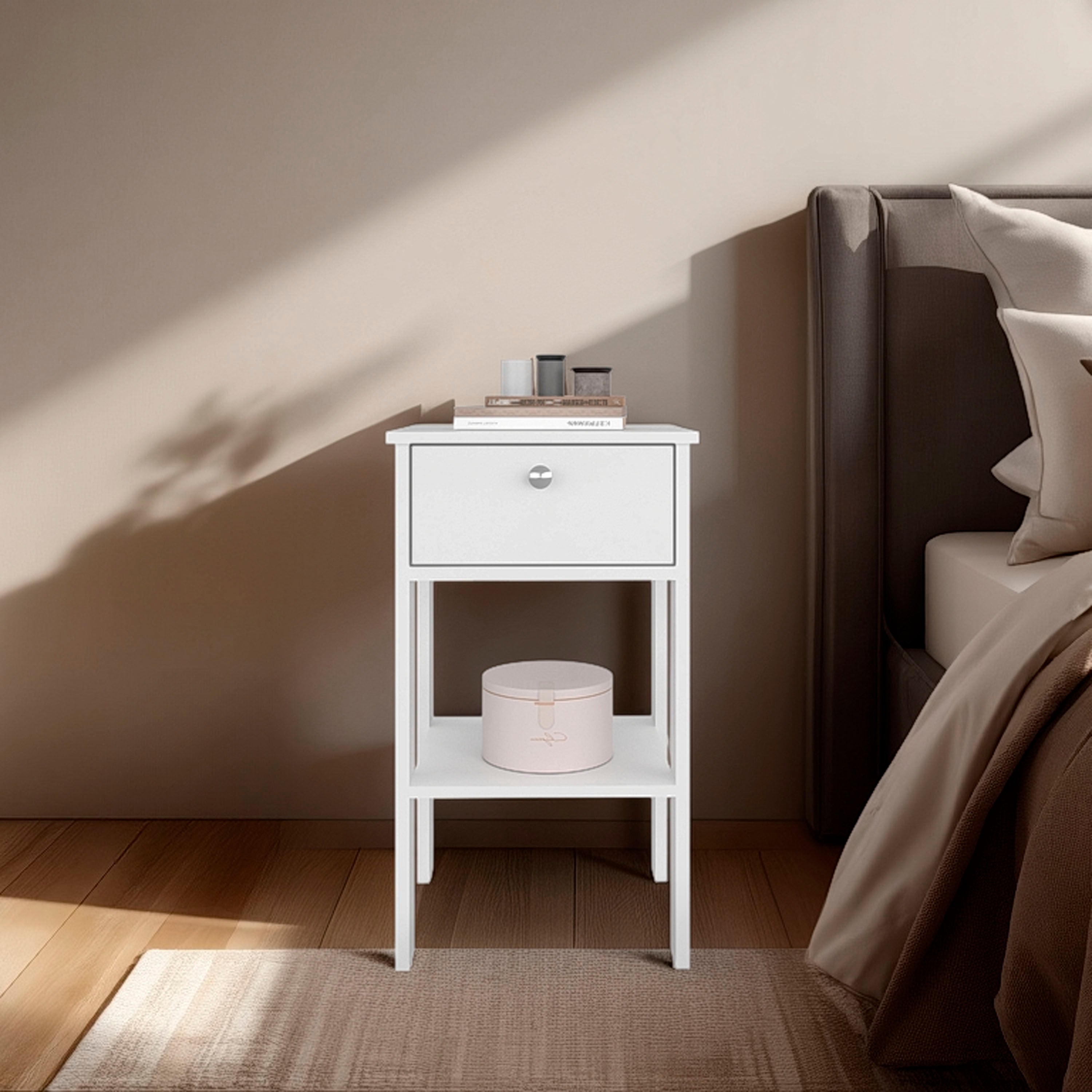 White Modern Newcastle Nightstand w/ Drawer & Open Shelf Bedside Table