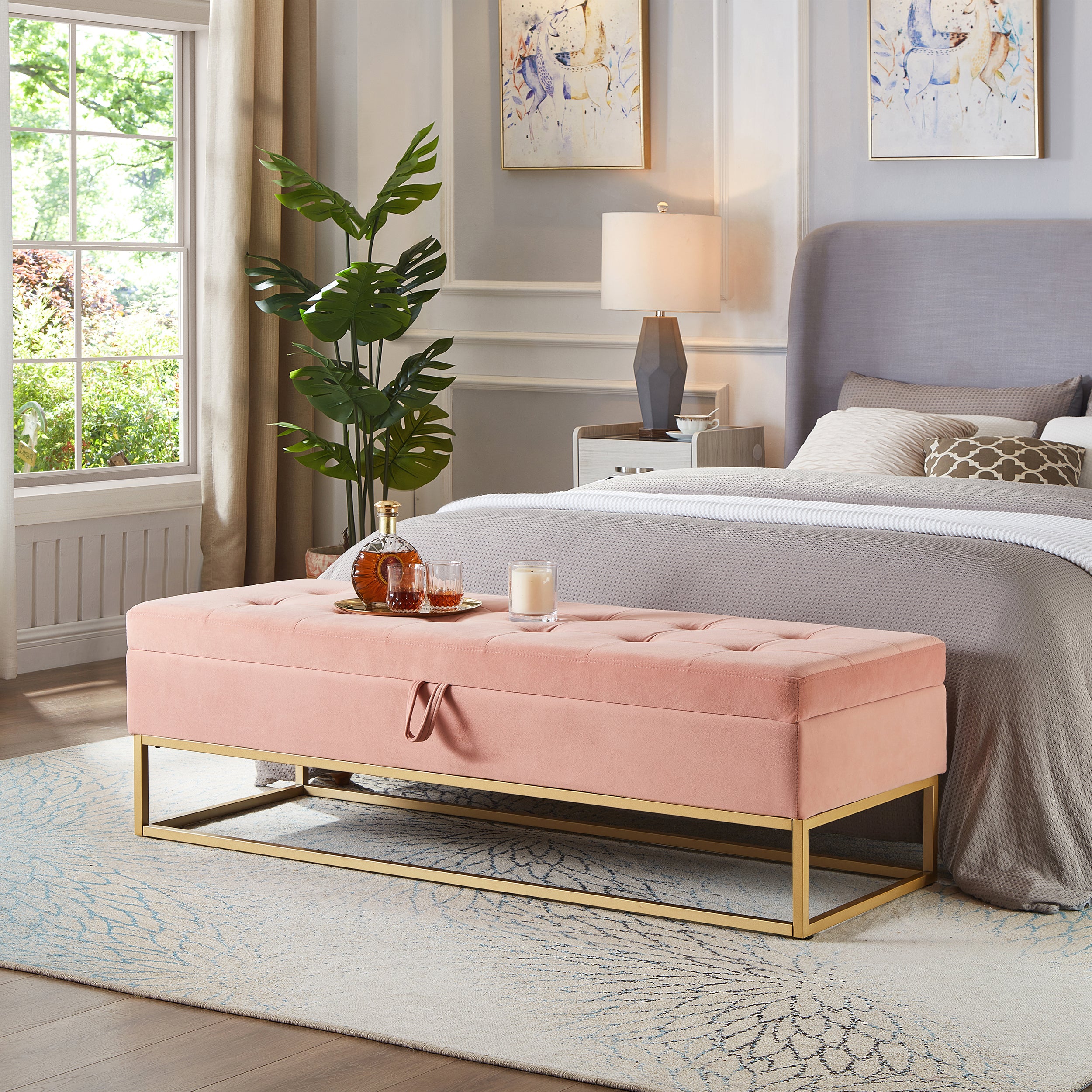 Pink Velvet Bed Bench, 58.6' Storage with Metal Base Design