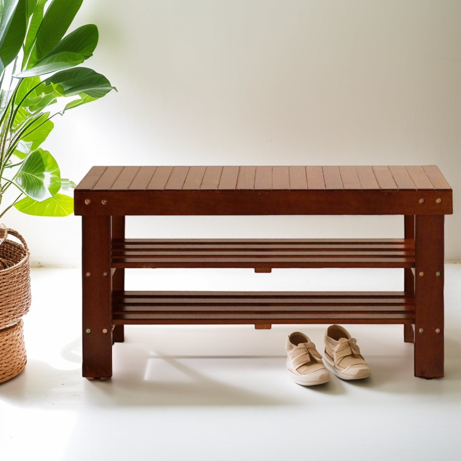 Solid Wood Shoe Bench - Cherry Finish - Quality Design