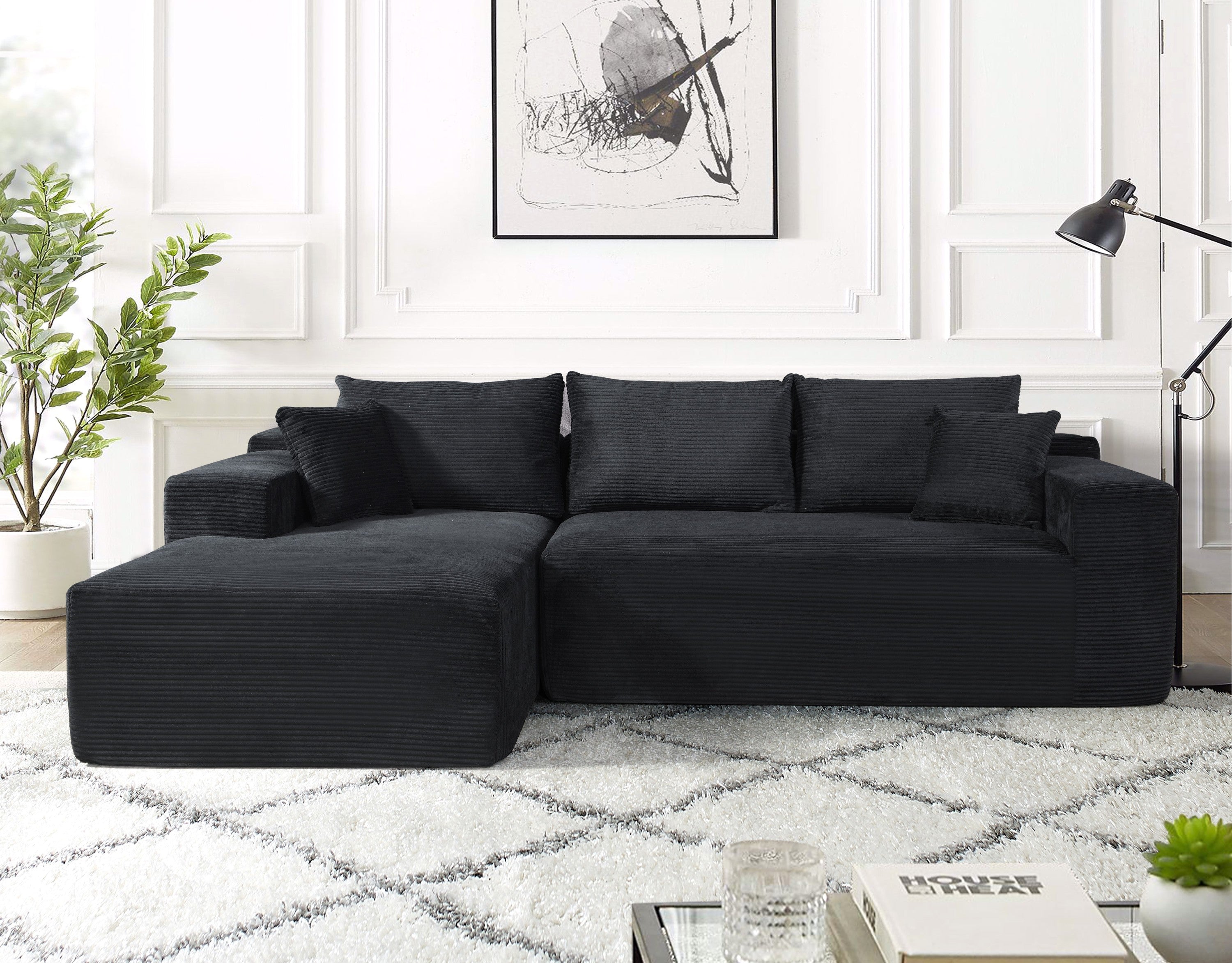 Black Corduroy 3-Seater L-Shaped Convertible Sectional Sofa