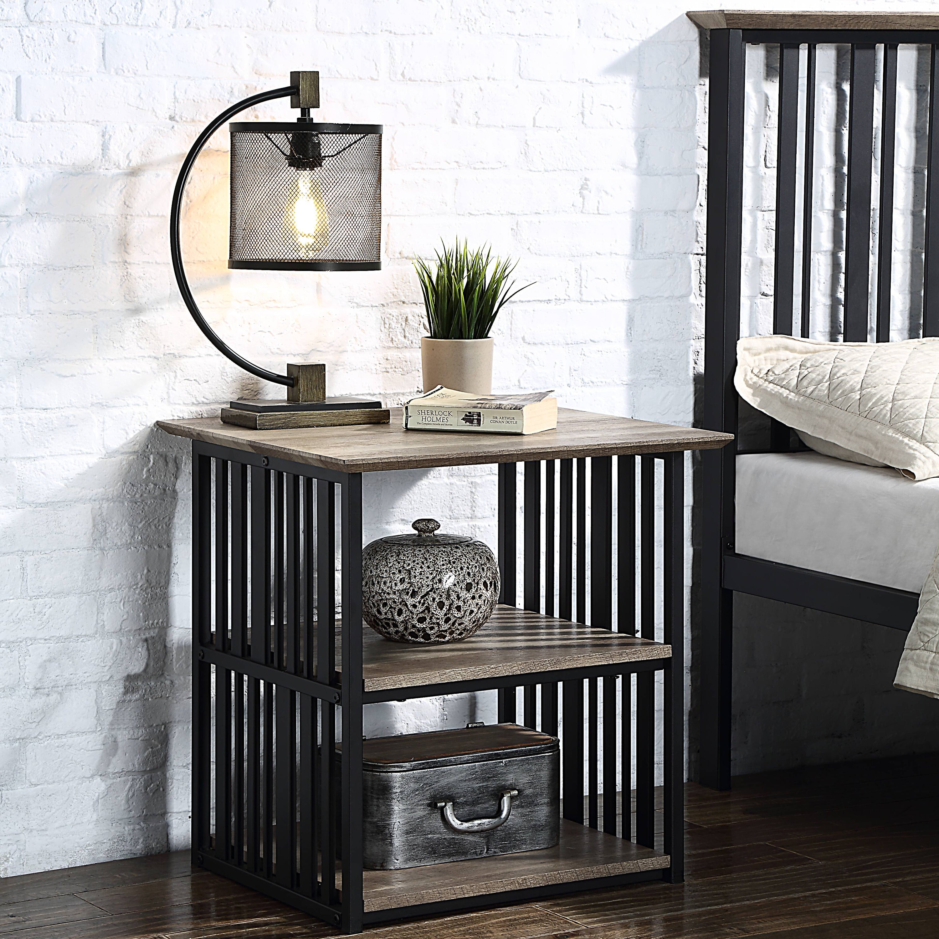 Antique Oak & Black 3-Shelf Nightstand: Vintage Bedroom Storage