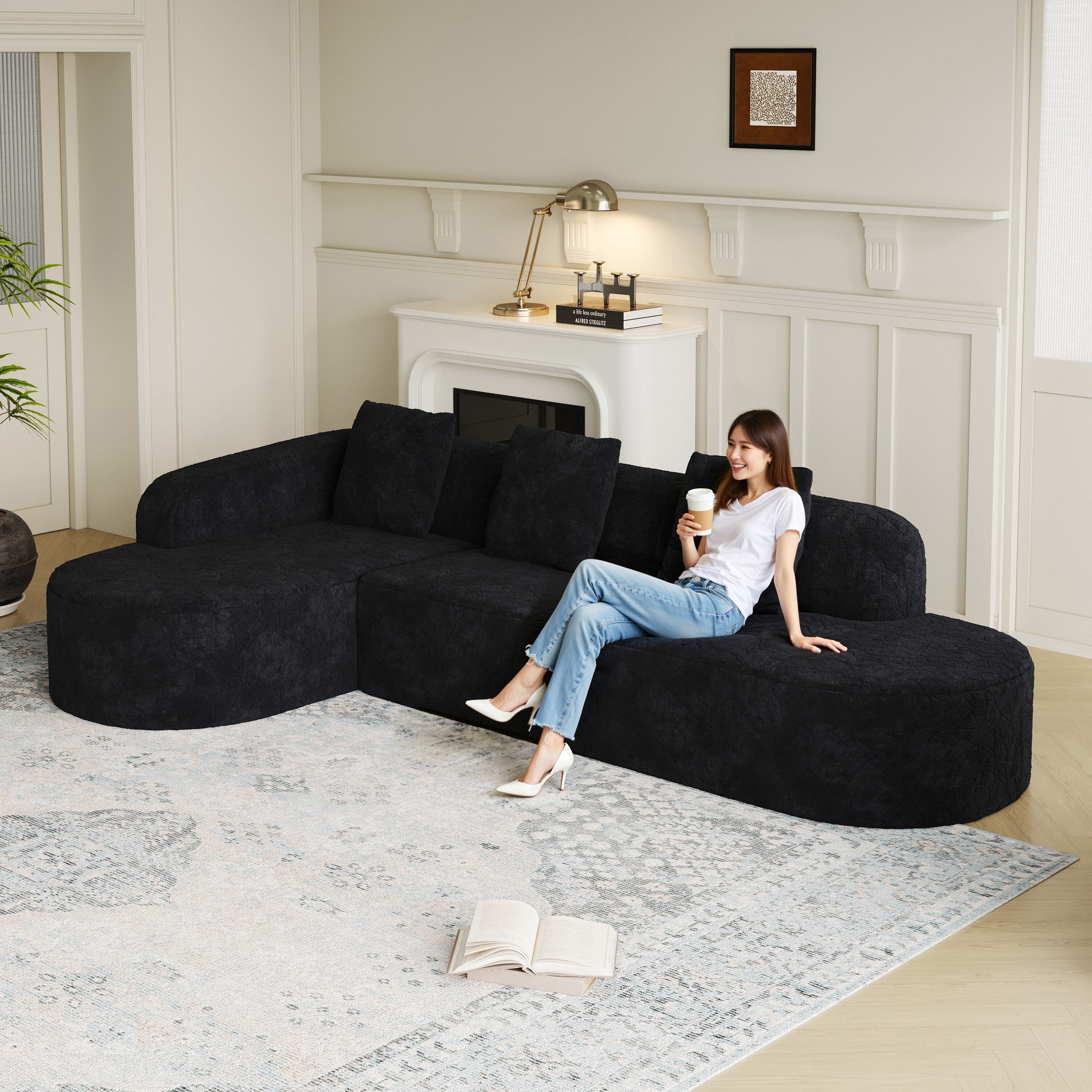 111.8" Curved L-Shaped Modular Sofa Lychee Fabric Modern