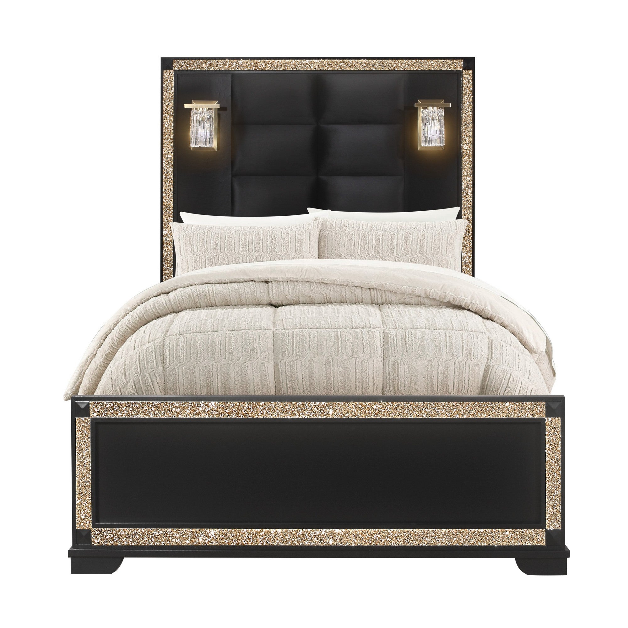 LIVELY Black/Gold Full Bed with Lamps, Elegant Wood Design
