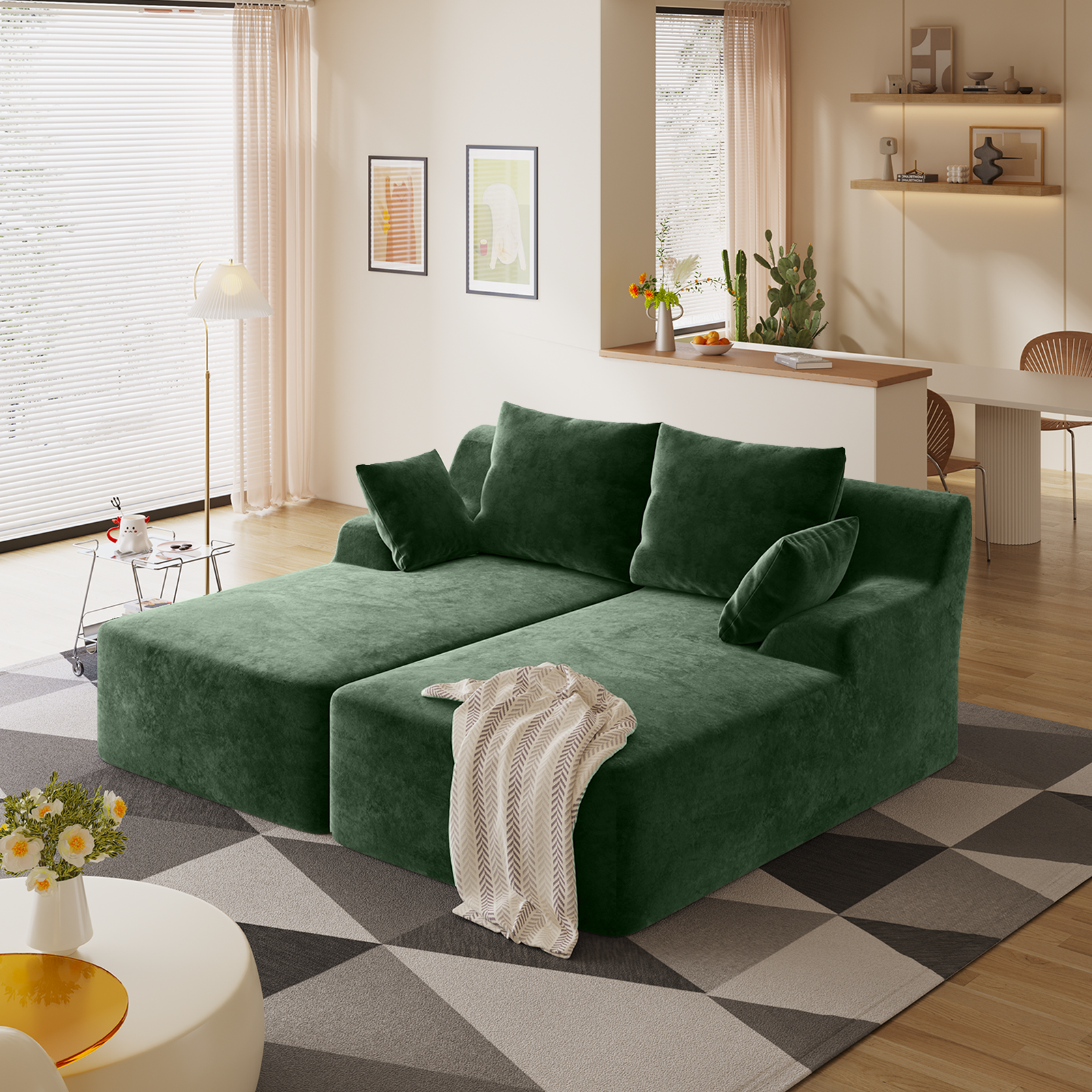 Green Velvet Dual Chaise Sectional Sofa No Assembly