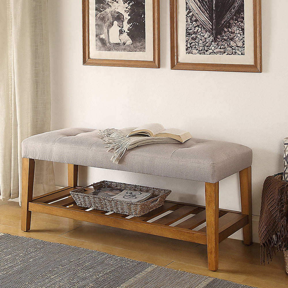 Light Grey & Oak Tufted Padded Entryway Bench