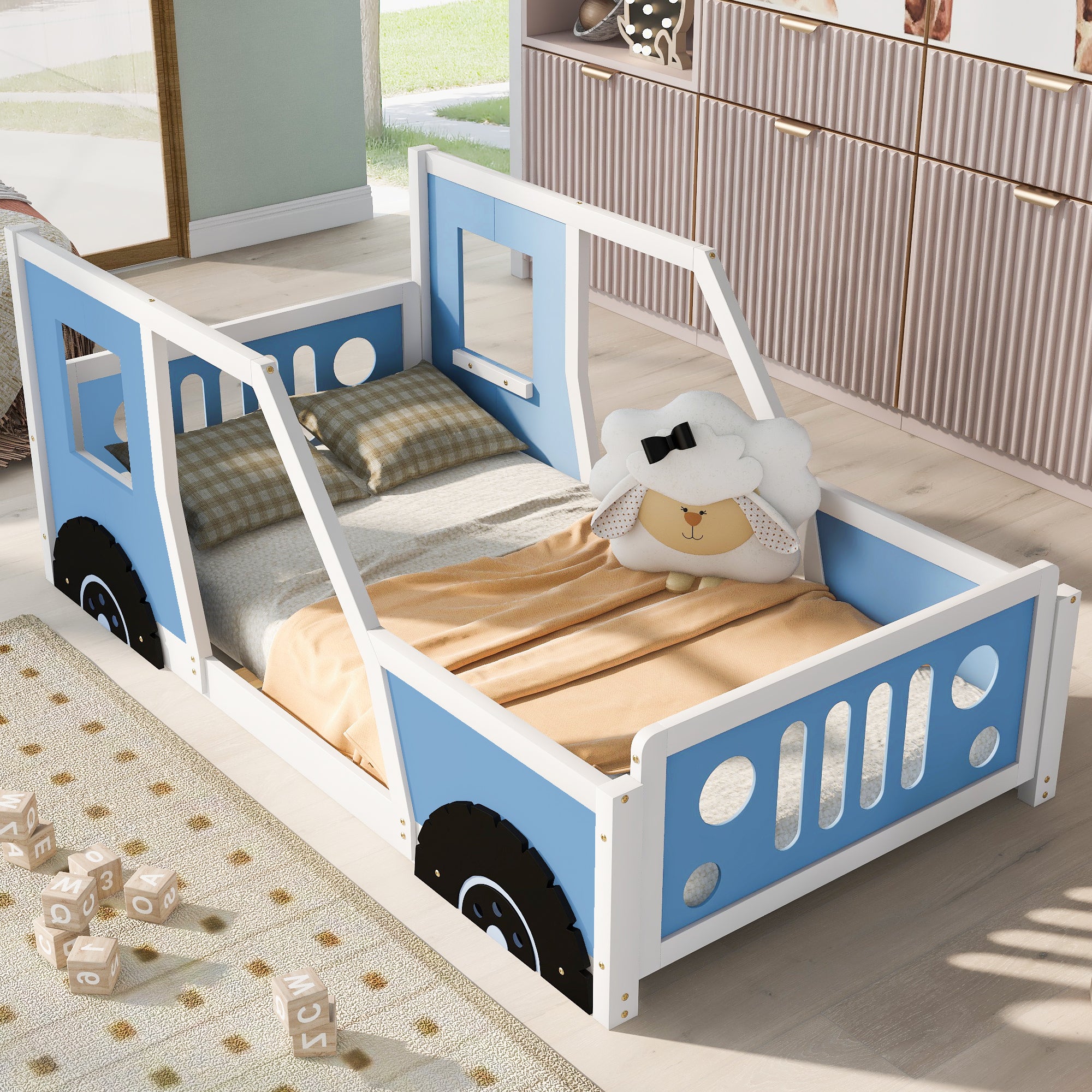 Blue Twin Classic Car Platform Bed with Wheels for Kids