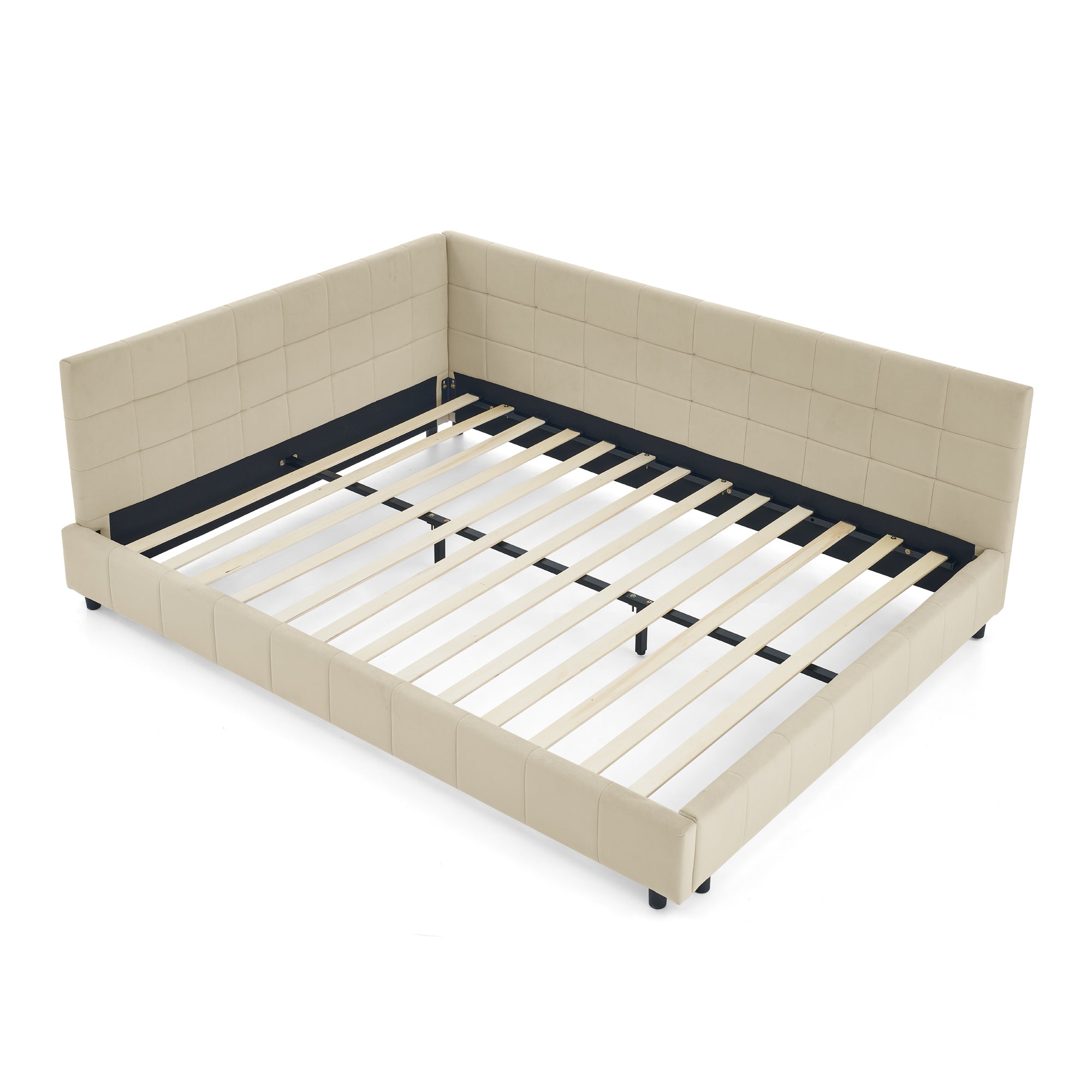 Mid-Century Beige Velvet Tufted Queen Bed Frame, Backrest, Armrests