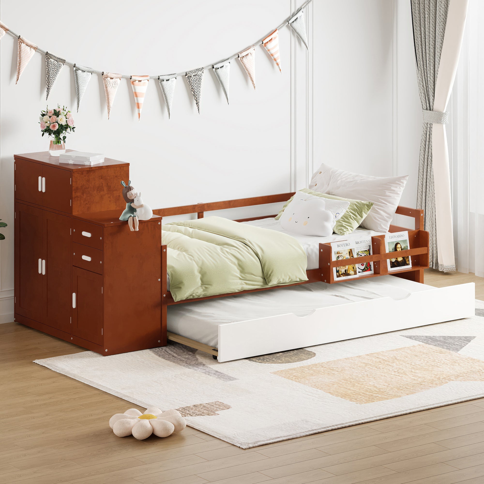 Twin Wood Platform Bed w/ Trundle, Wardrobe & Bookshelf Storage