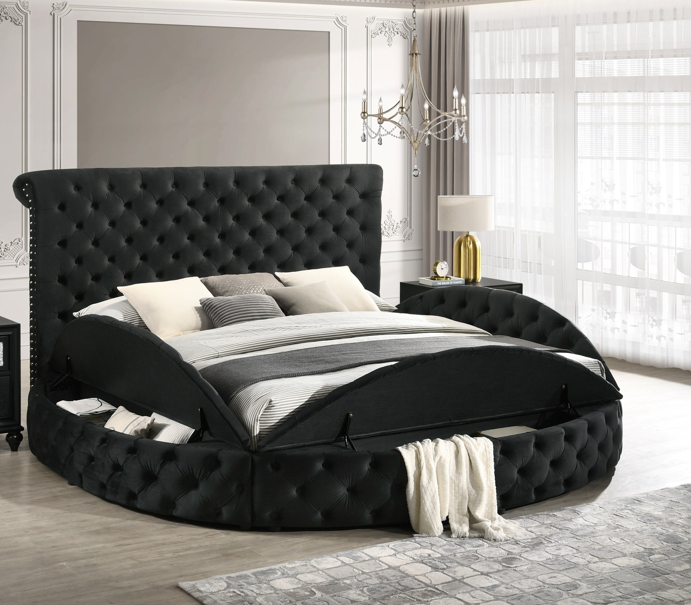 Luxurious King Size Tufted Round Storage Bed - Black Glam Bedroom