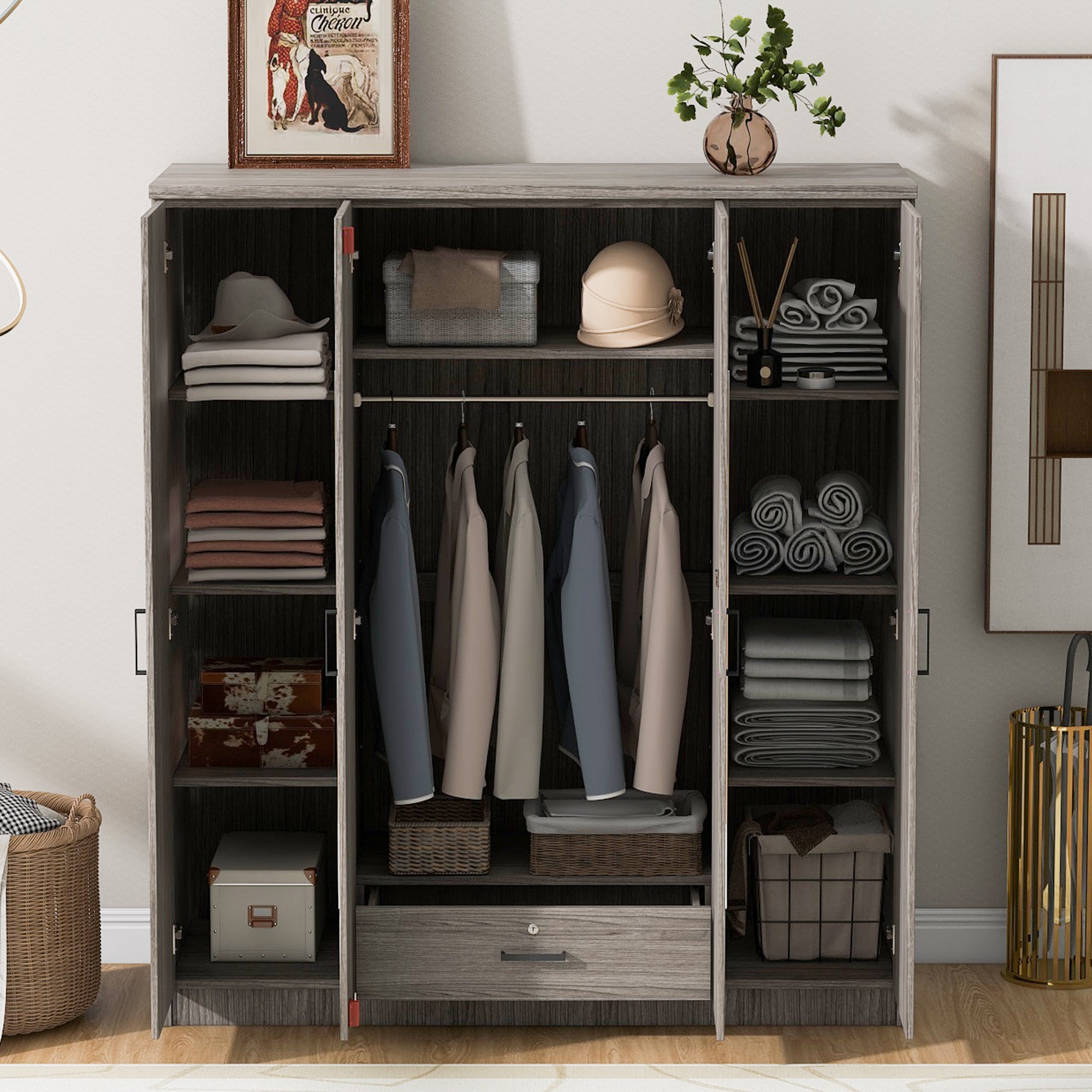 Gray 4-Door Mirrored Wardrobe with Shelves