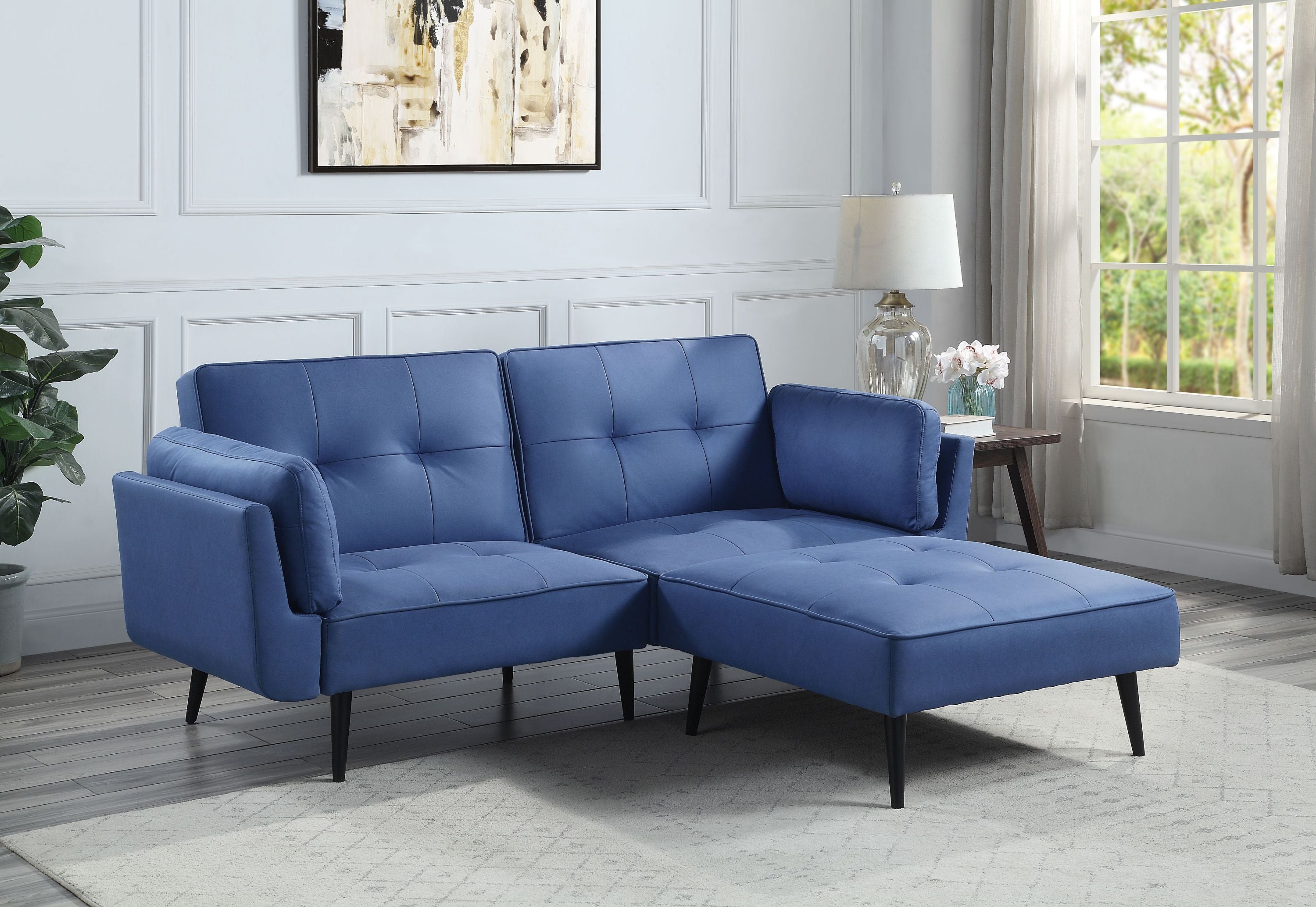 Nafisa Blue Fabric Adjustable Sofa & Ottoman Set