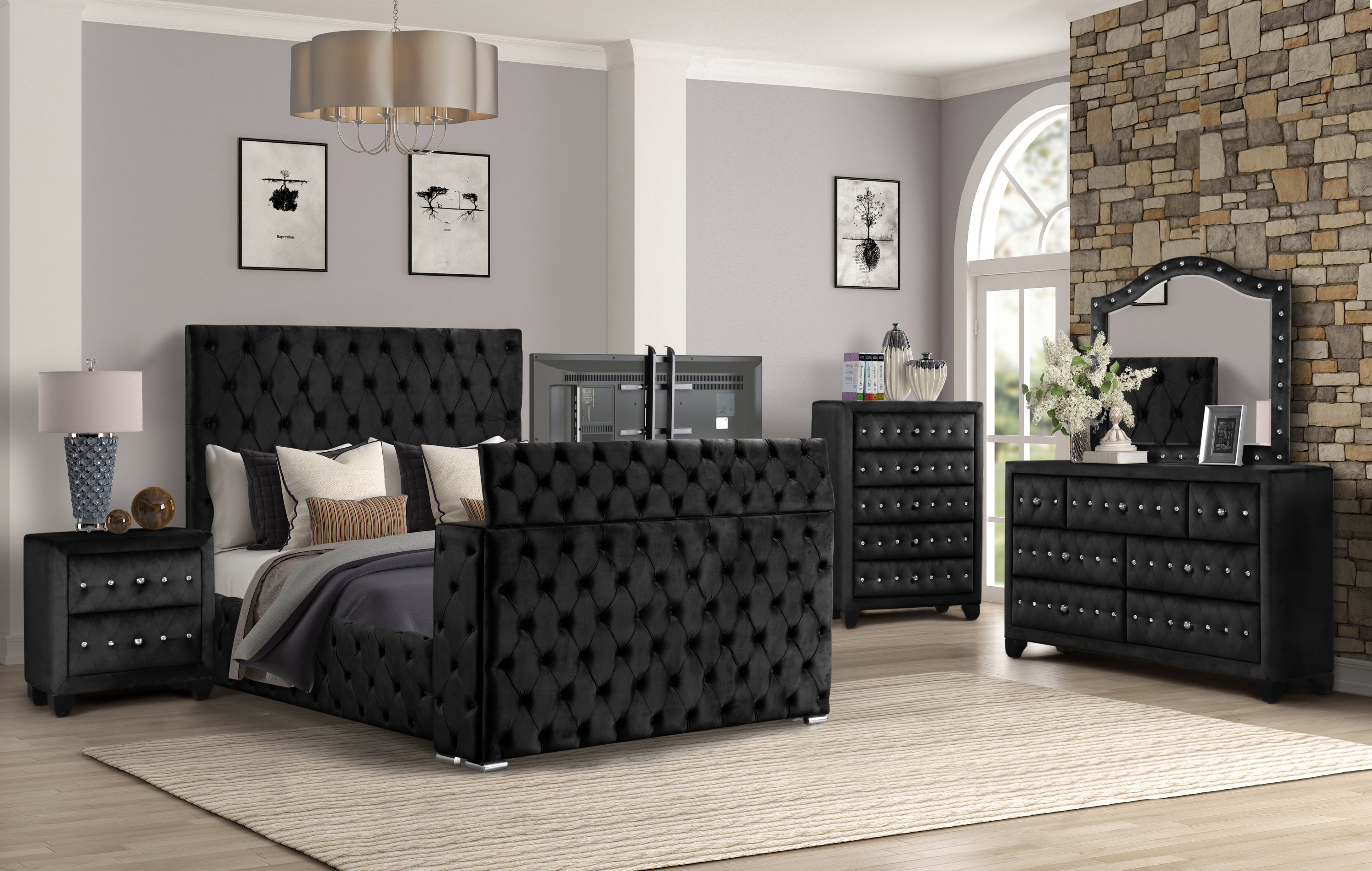 Encore Modern Tufted King 5PC Bedroom Set - Black Wood (NJ)