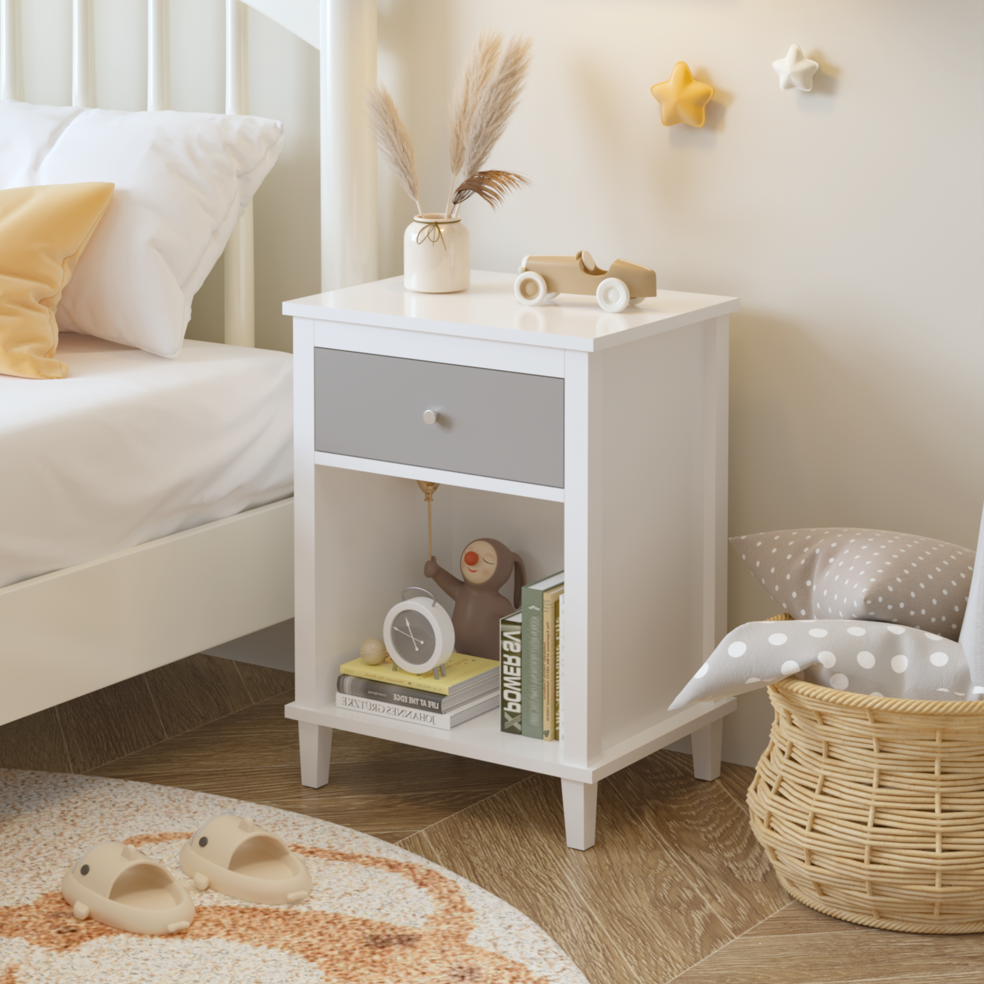 Gray Wooden Nightstand with Drawer Shelf for Kids & Adults - 26.77''H