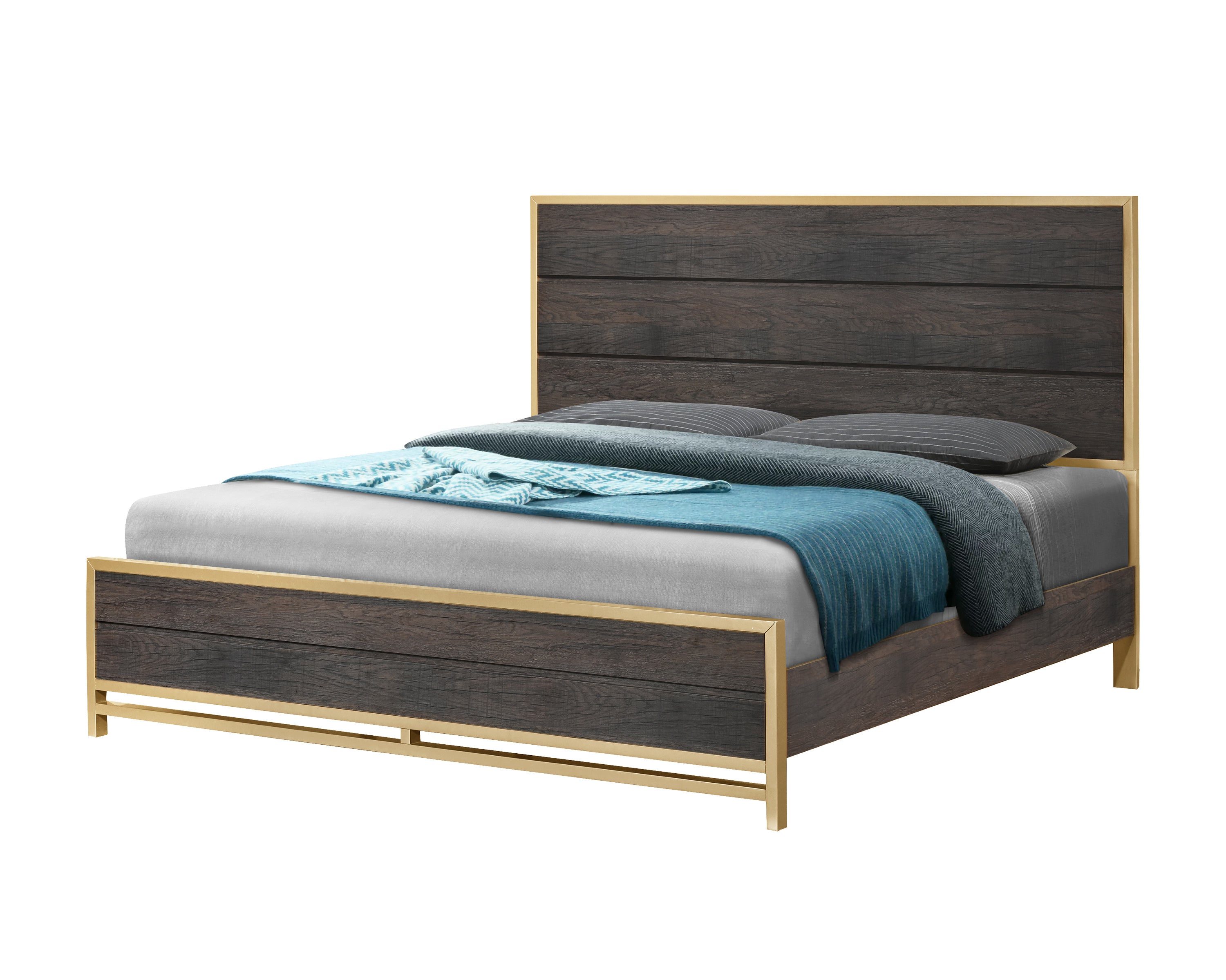Contemporary King Bed: Sleek Linear Design, Warm Wood & Metallic Accents