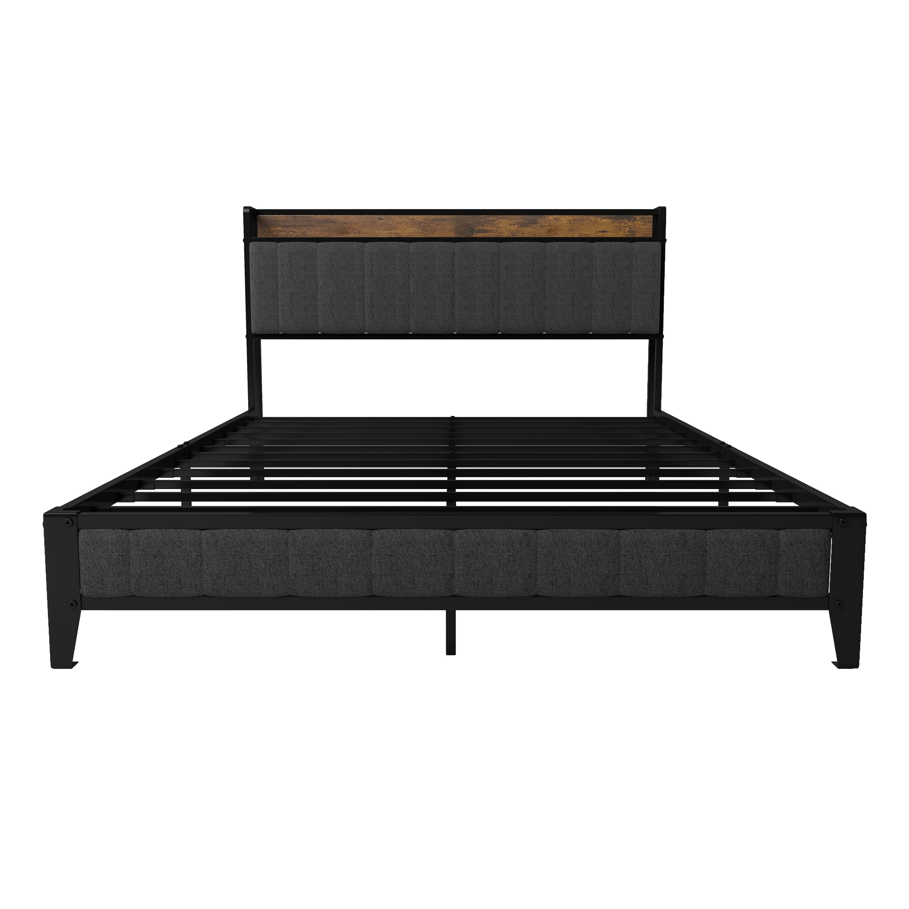 Grey Upholstered Queen Bed Frame w/ Charging Station