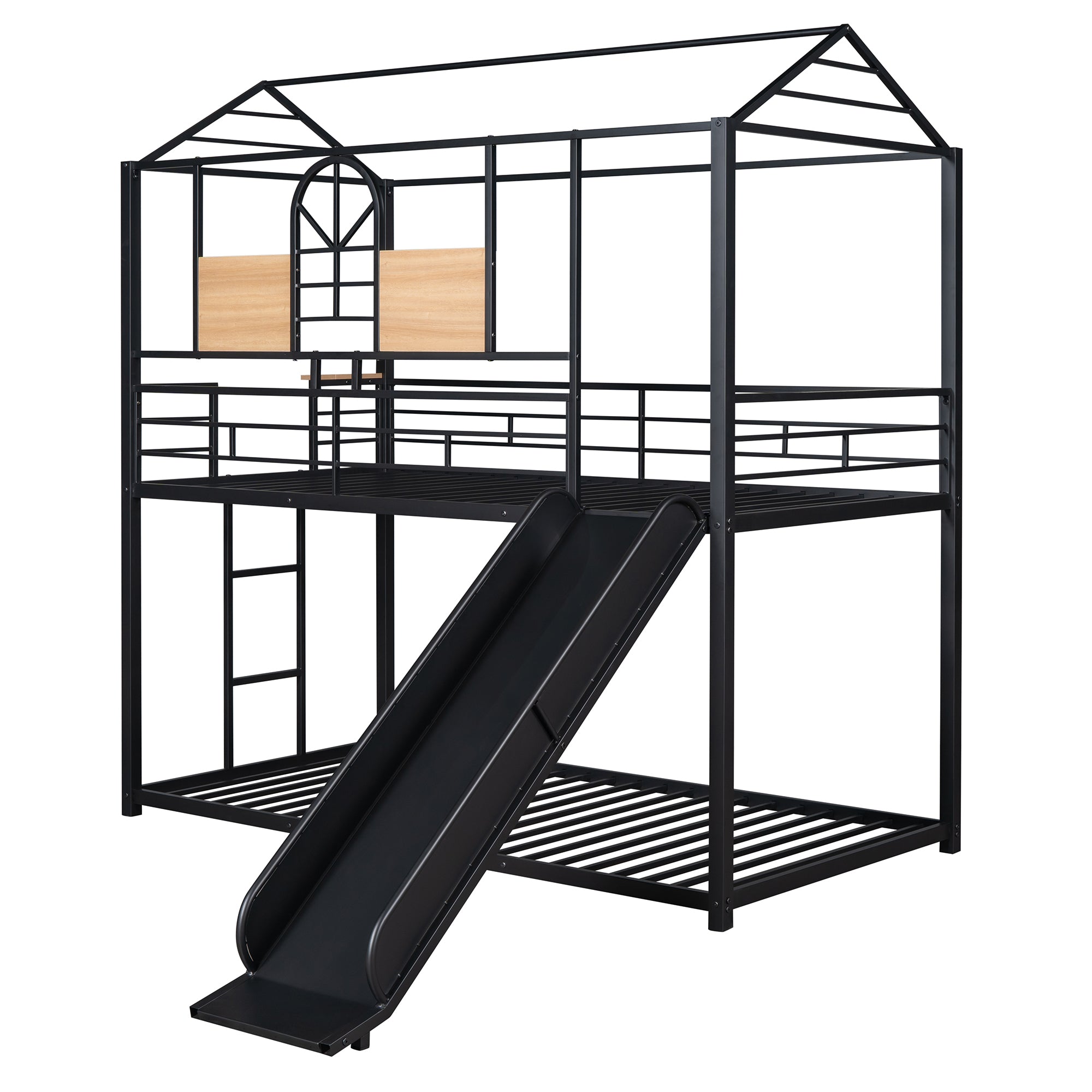Carlowe Twin Metal House Bunk Bed with Slide & Shelf, Black