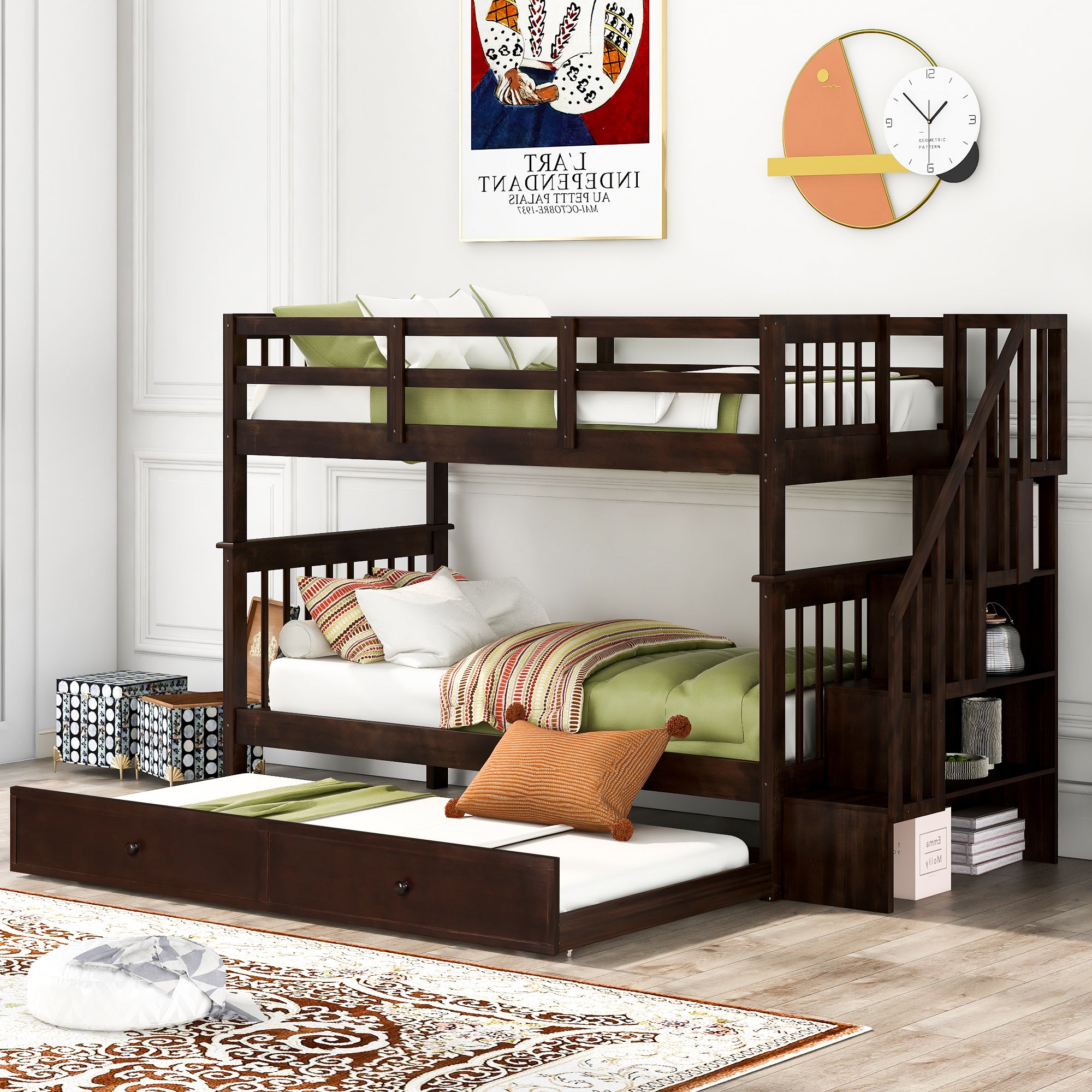 Espresso Stairway Twin-Over-Twin Bunk Bed w/ Twin Trundle, Adult