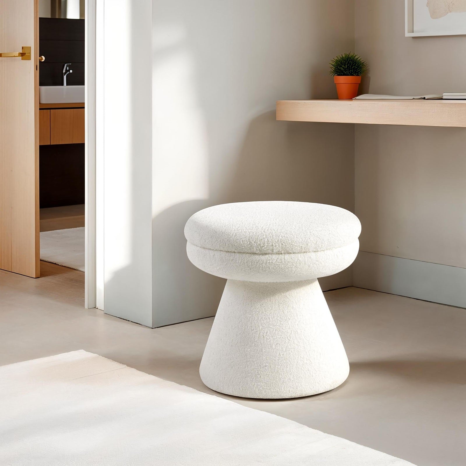 Contemporary Beige Teddy Fabric Round Accent Stool Living Room