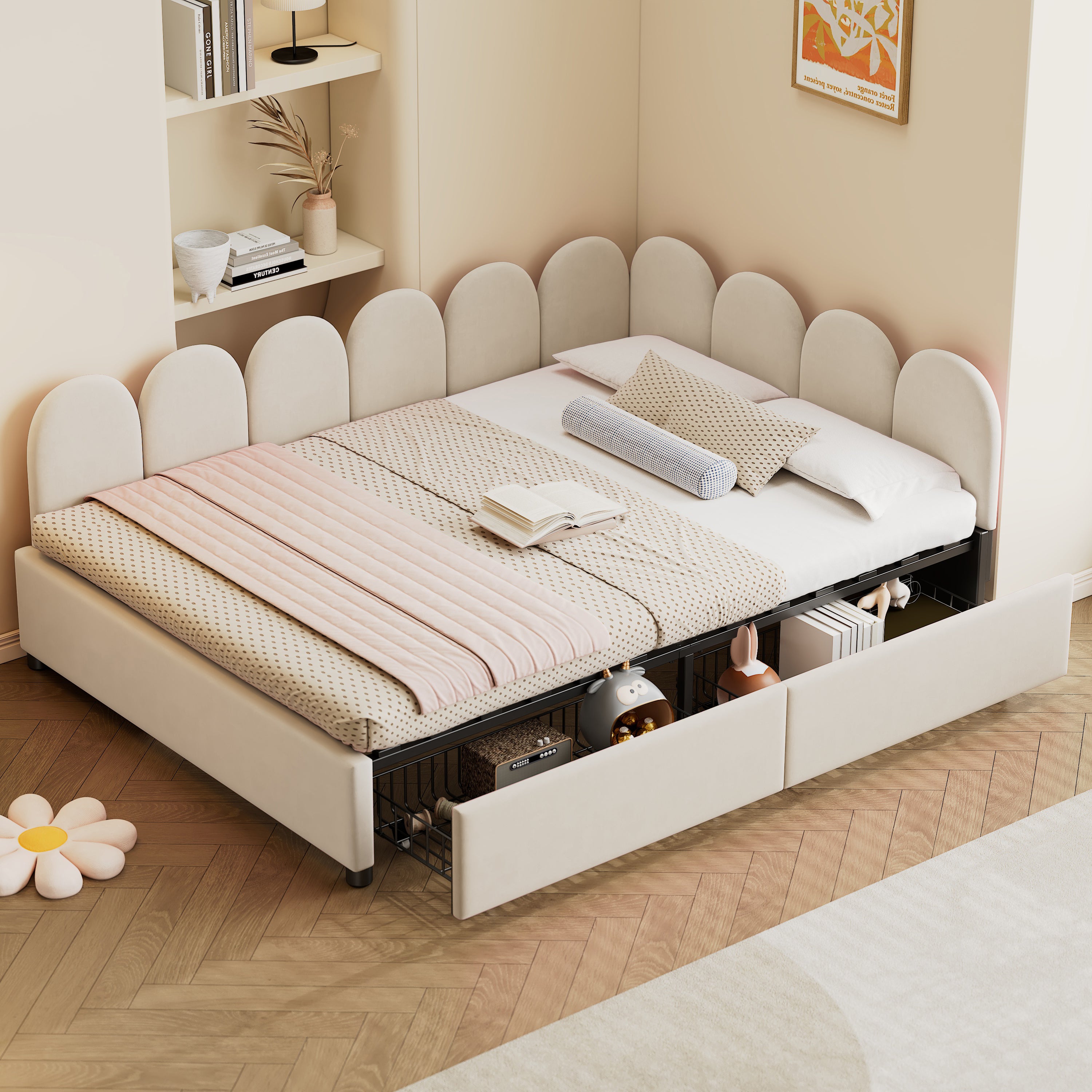 Full Size Upholstered Velvet Daybed, 2 Drawers & Soft Headboard, Beige