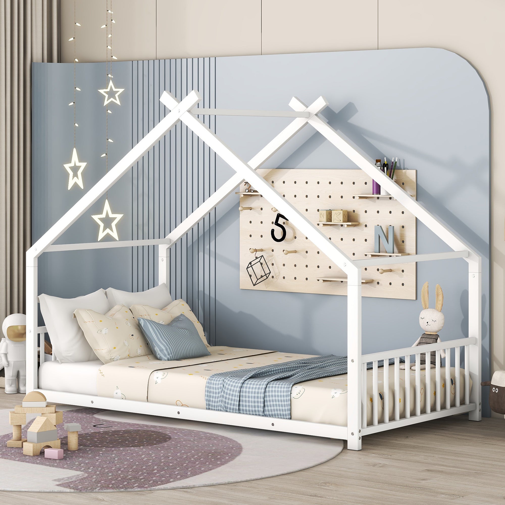 White Twin Size Metal House Bed Frame - Kids Bedroom Furniture