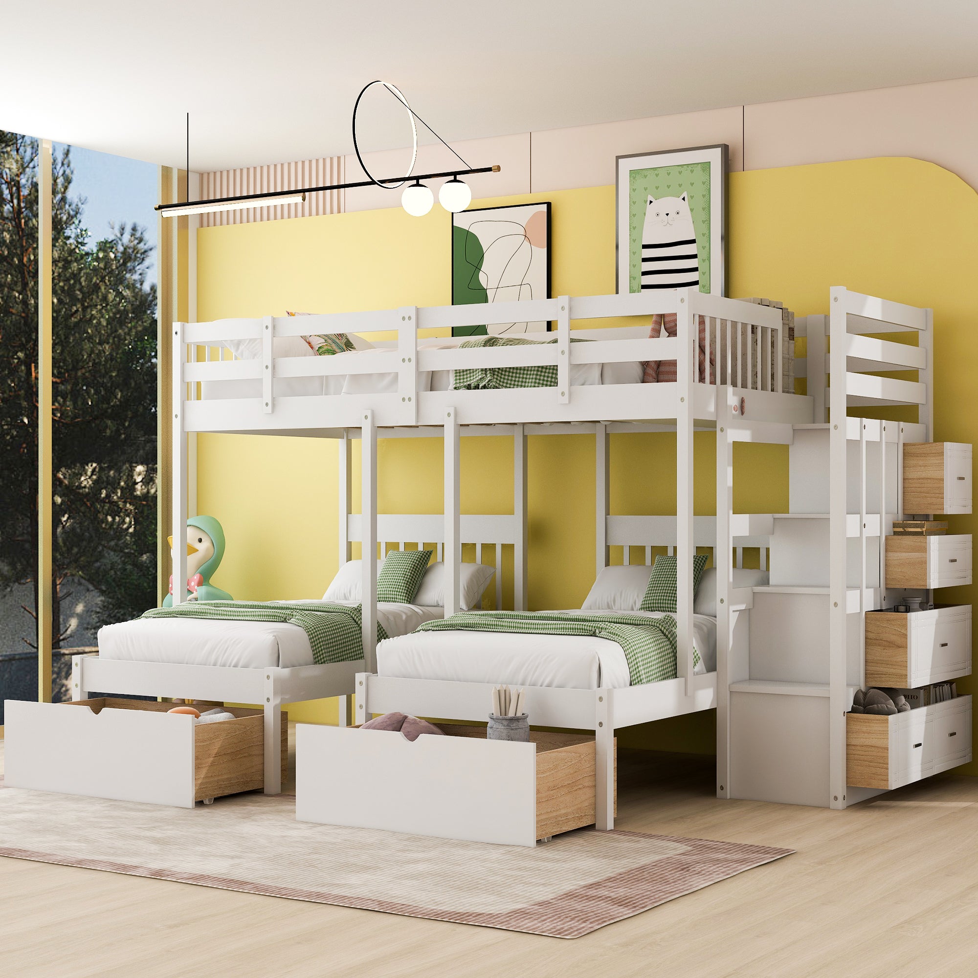 White Wood Triple Bunk Bed: Full Over Twin & Twin with Drawers