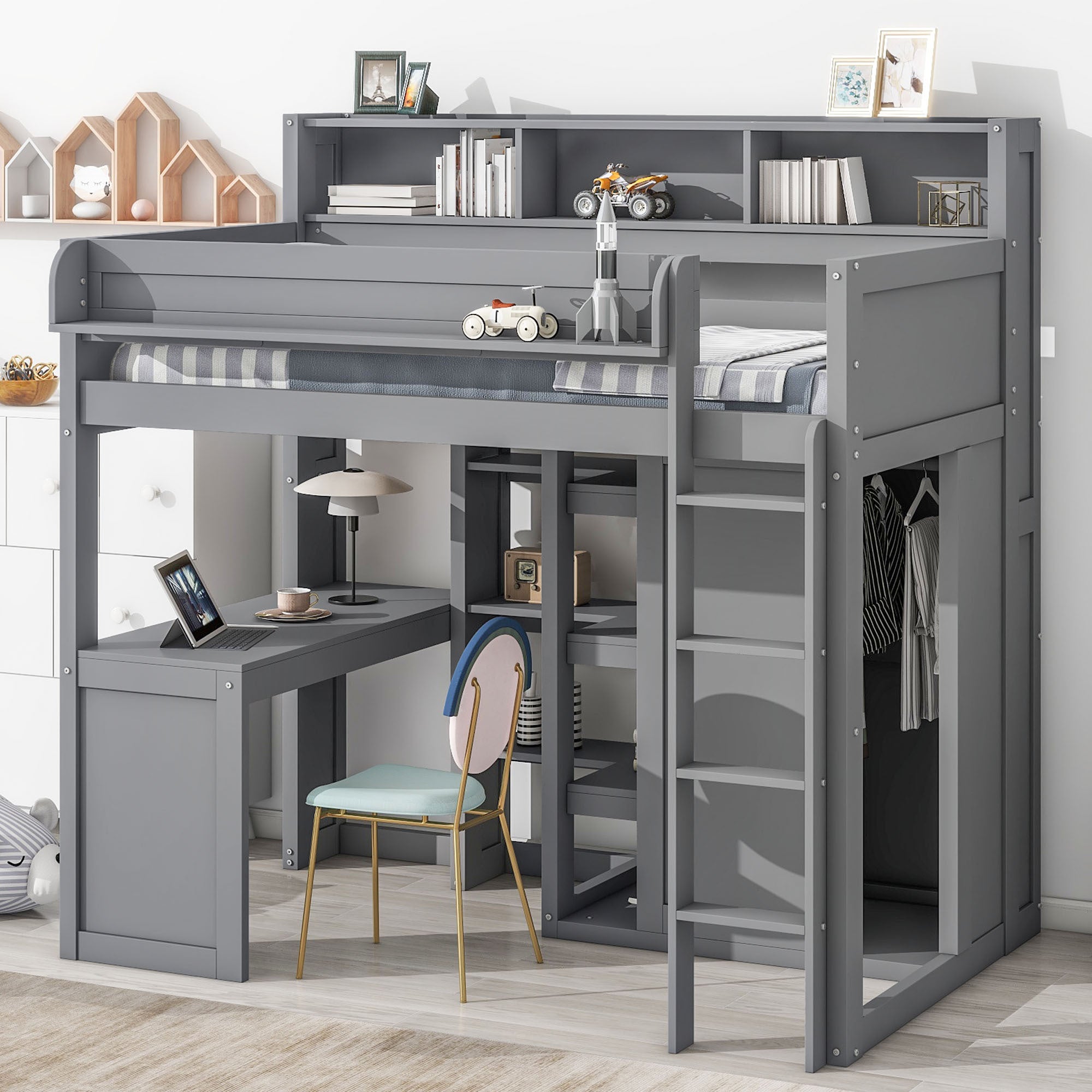 Gray Twin Wood Loft Bed with Storage Shelves & Wardrobe