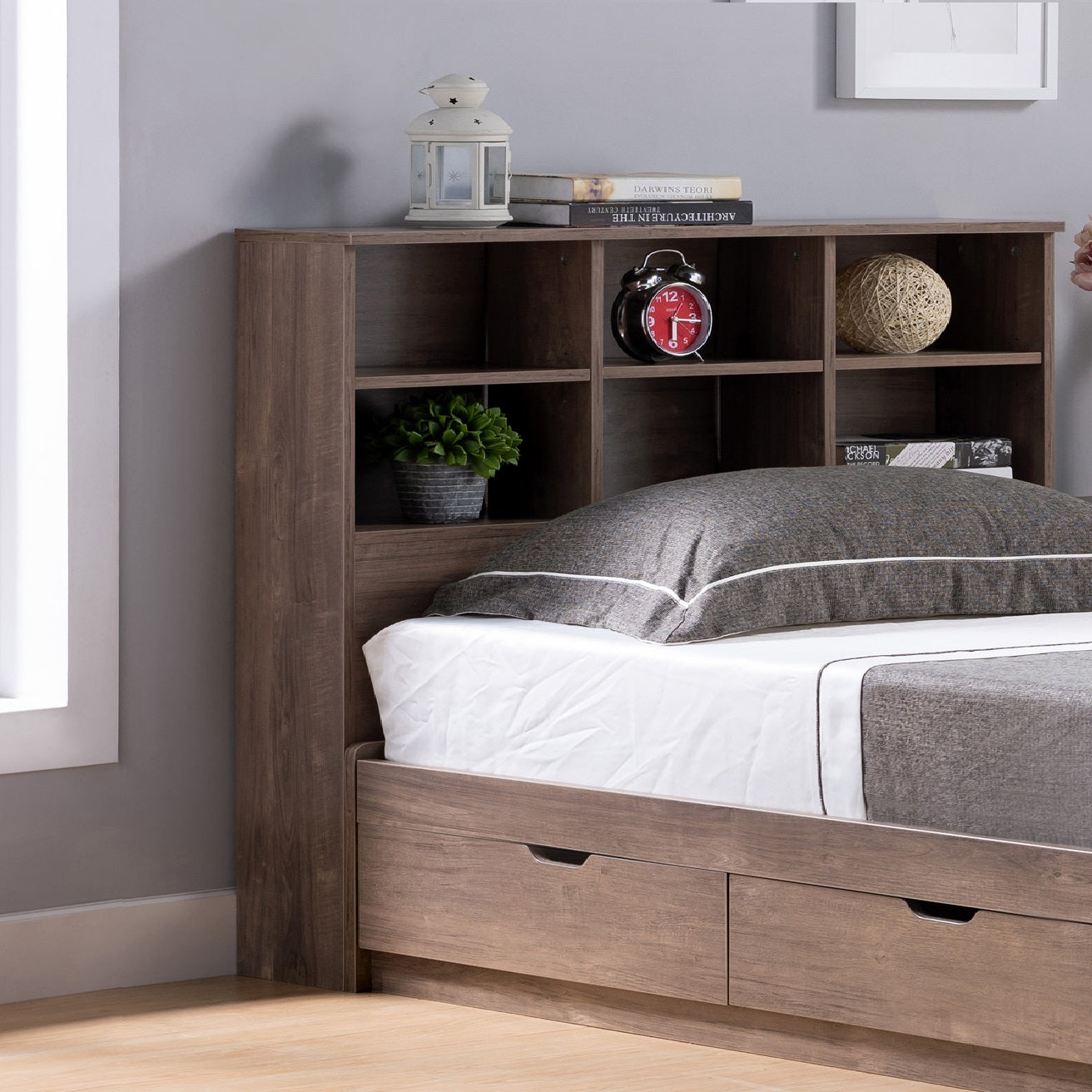 Hazelnut Full Bookcase Headboard with 6 Shelves, 3 Adjustable