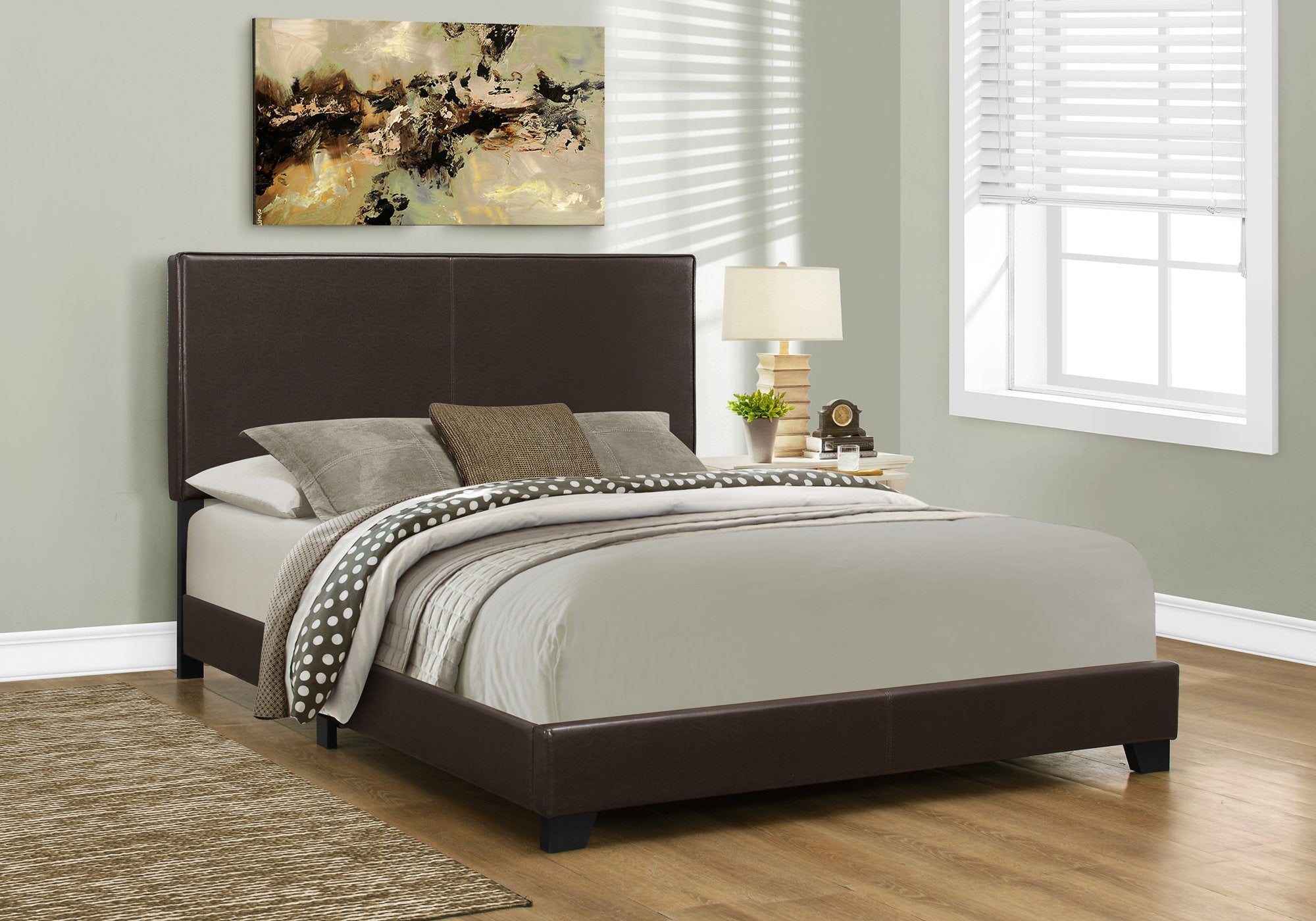 Queen Size Upholstered Bed - Brown Leather Look Transitional