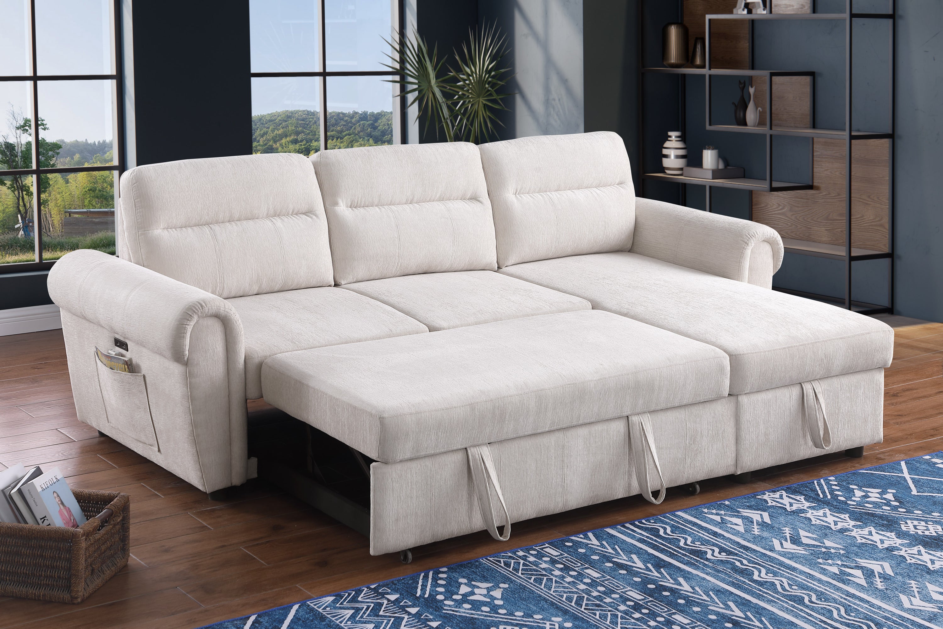 Hugo 97in Beige Chenille Reversible Sleeper Sectional USB