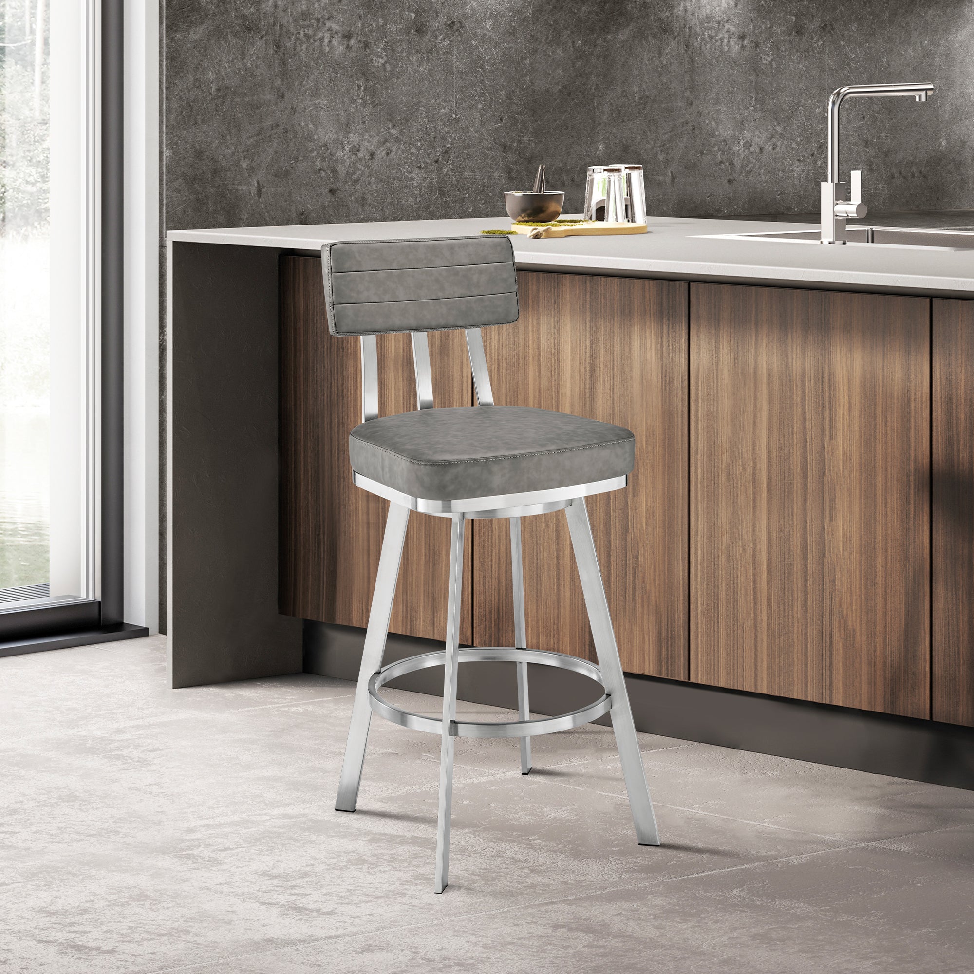 Ulina Gray Faux Leather Swivel Bar Stool Brushed Stainless
