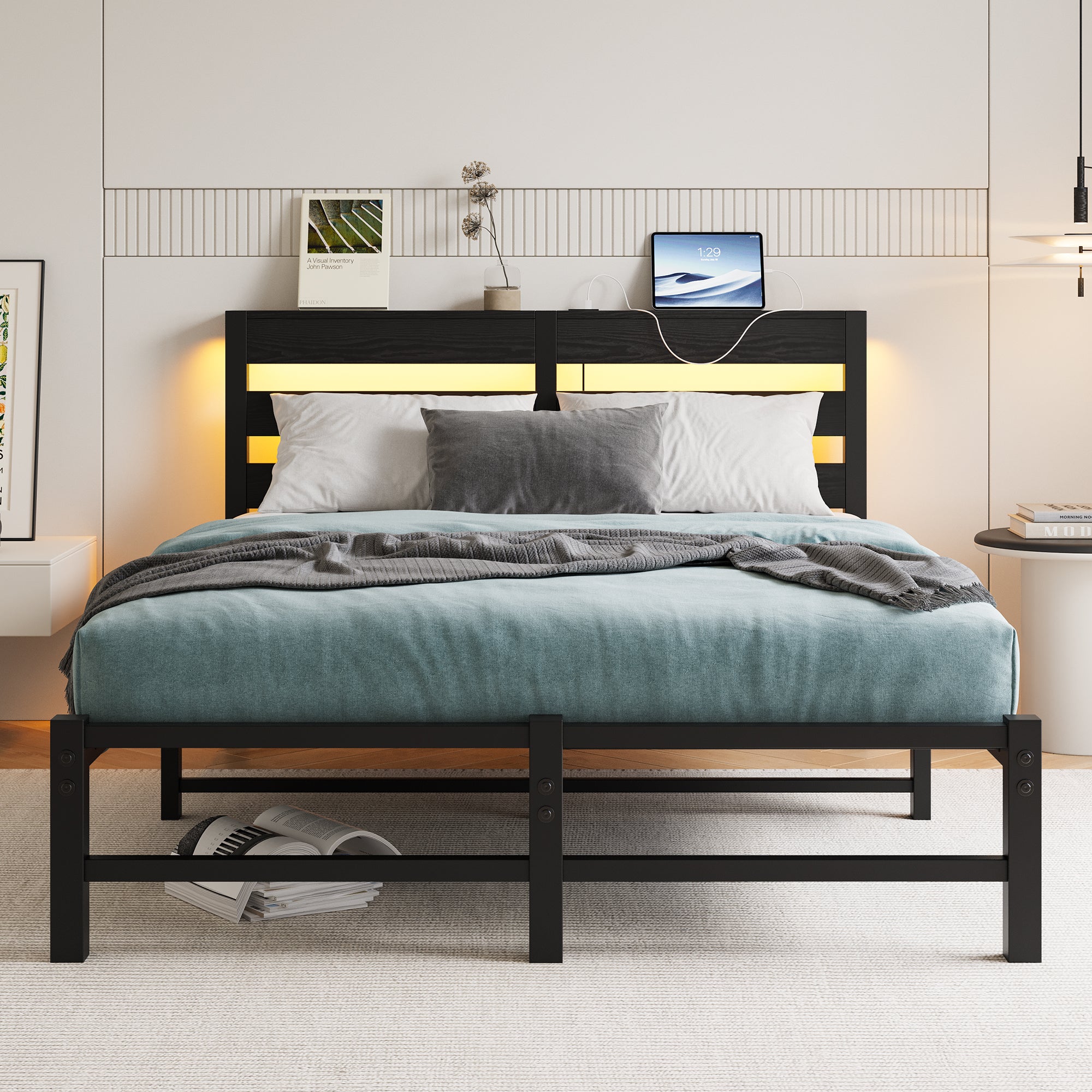 Full Size Metal Bed Frame: RGB Lights, Outlets, Storage, Wooden Headboard
