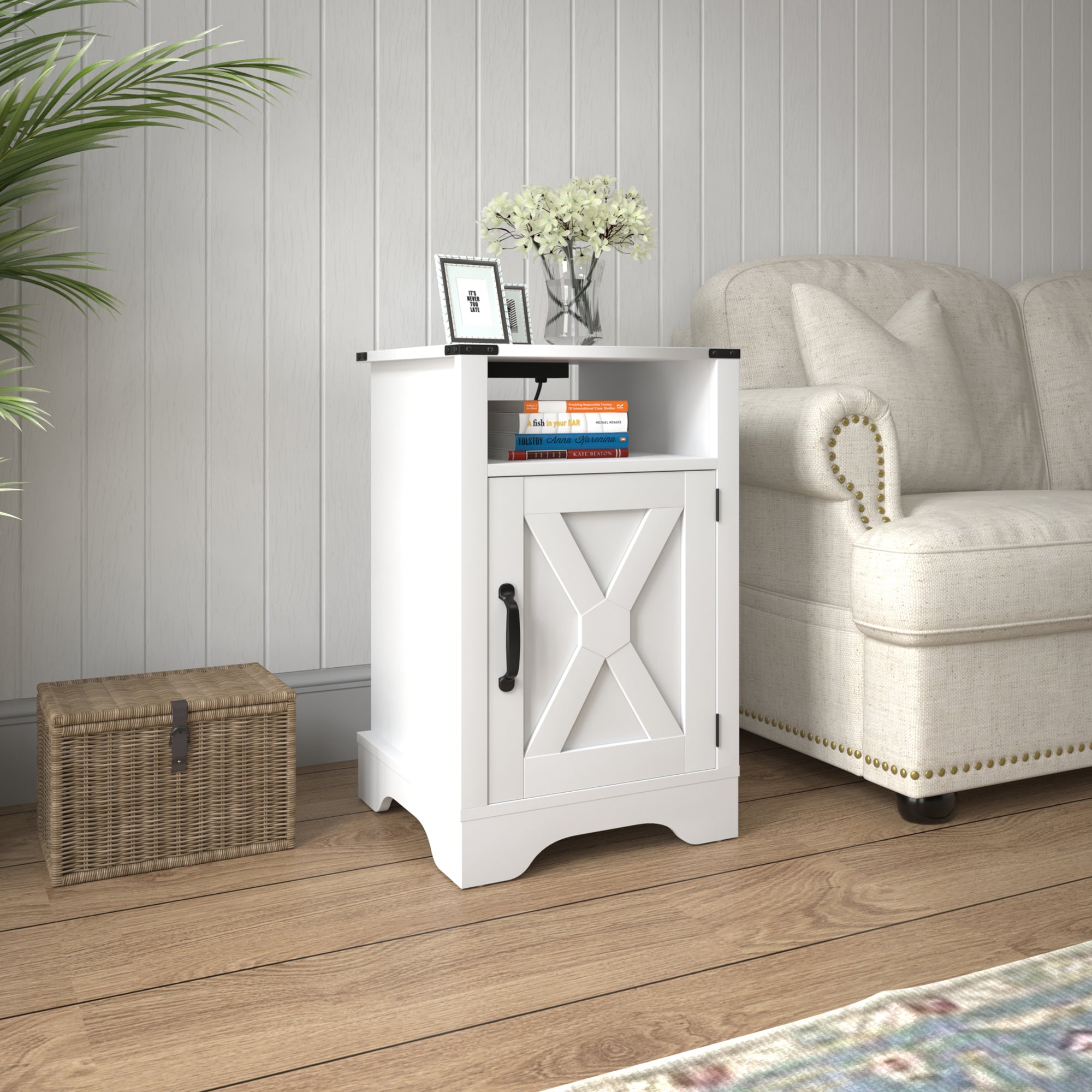 Farmhouse Nightstand with Charging Station & Outlets - White