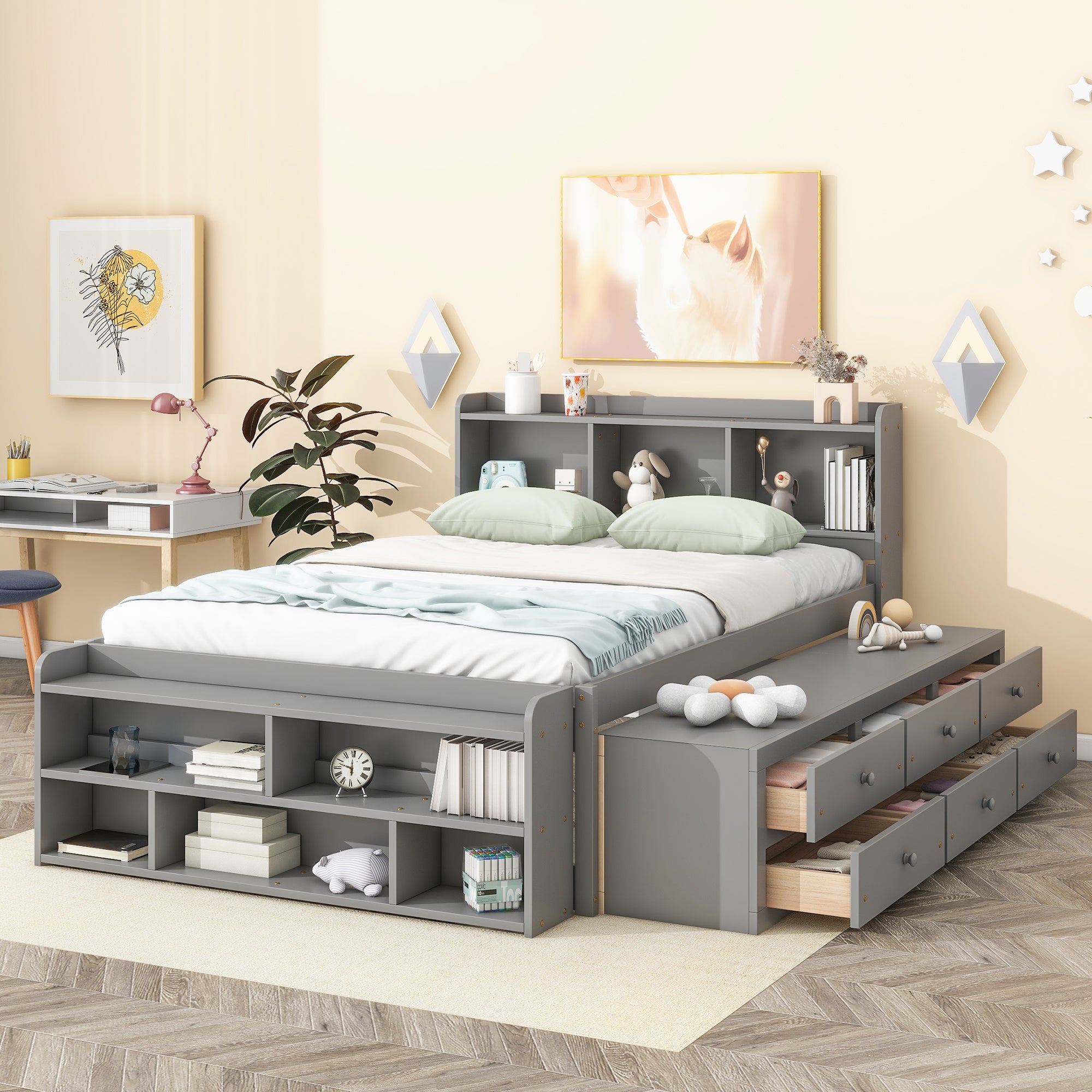 Full Storage Bed with Bookcase Headboard & Drawers - Grey