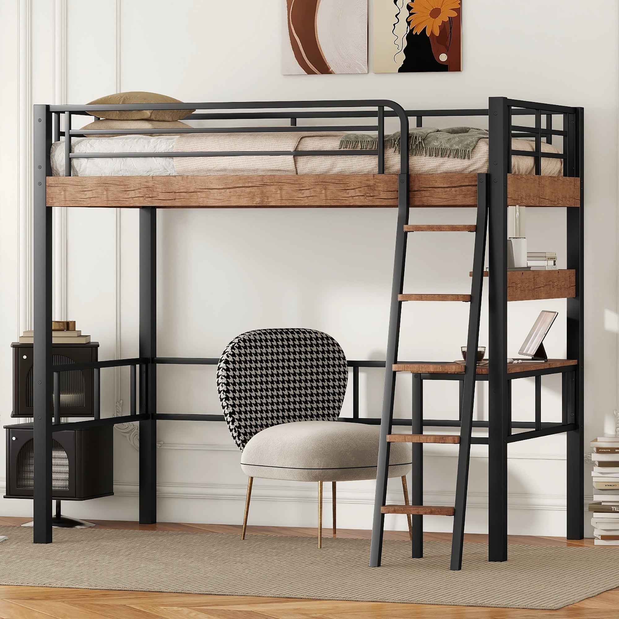 Black Metal Twin Loft Bed w/ Desk, Shelf, Ladder - Space-Saving Design