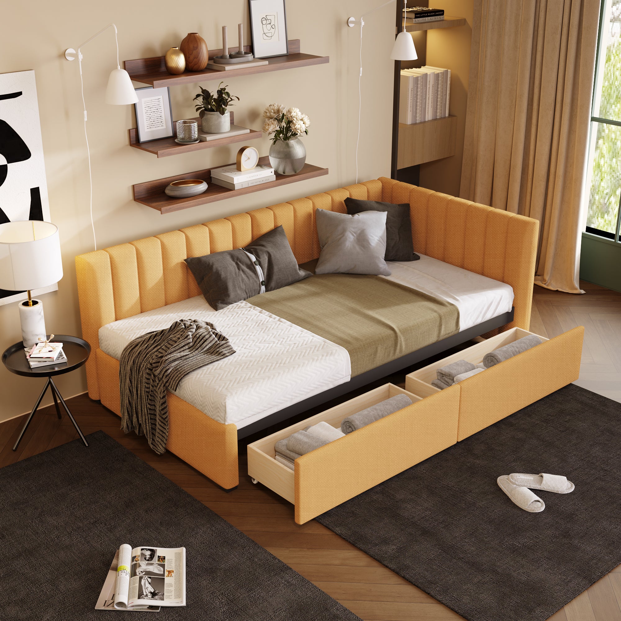 Twin Yellow Upholstered Daybed w/ 2 Drawers, Sofa Bed, No Box Spring