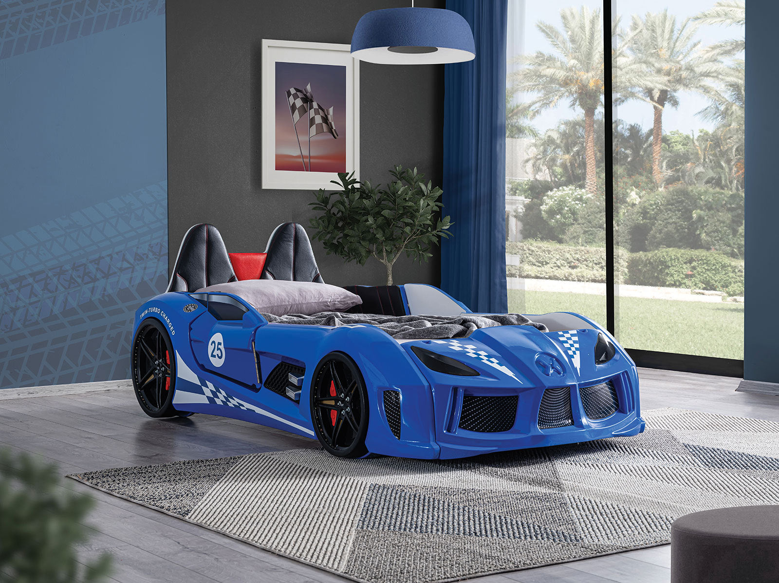 Twin Race Car Bed with LED Lights & Upholstered Headboard - Blue