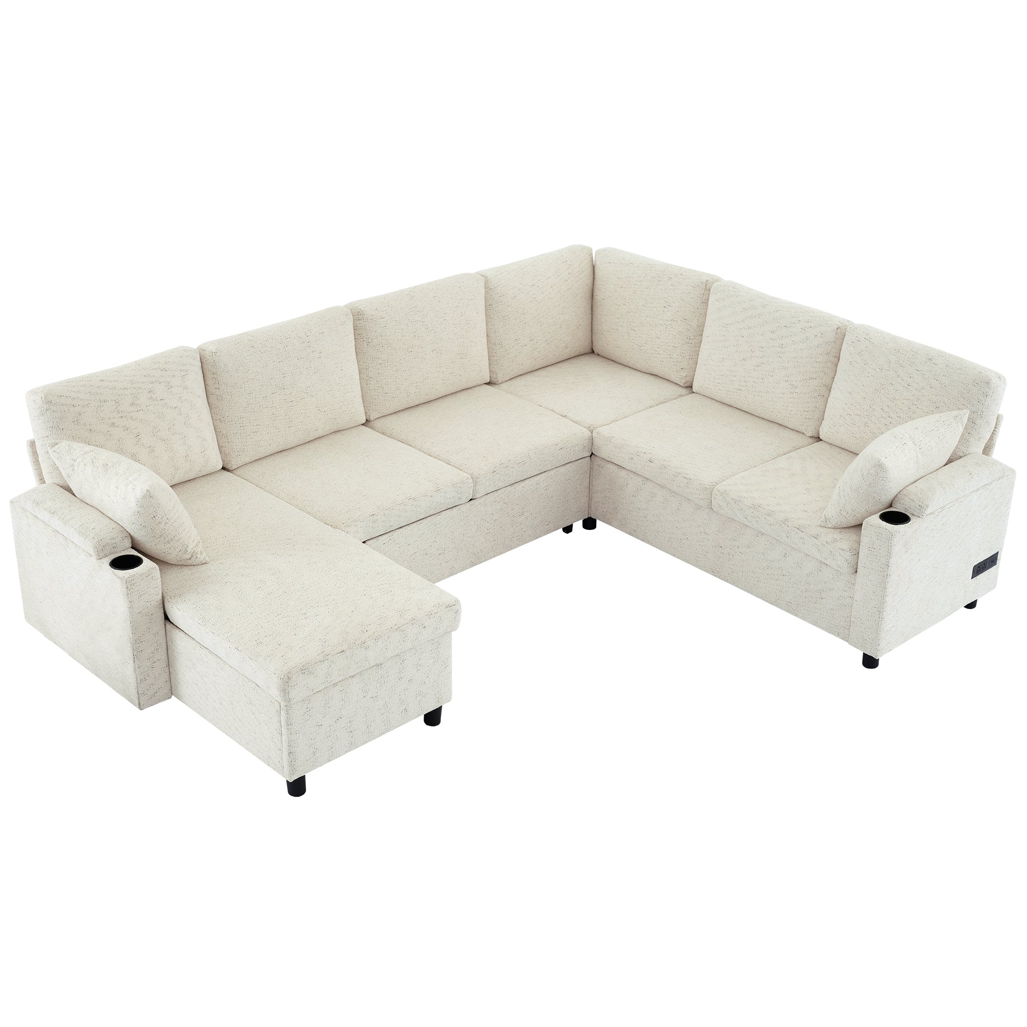 Convertible U-Sofa Bed w/Storage, Cupholders, Ports - Beige