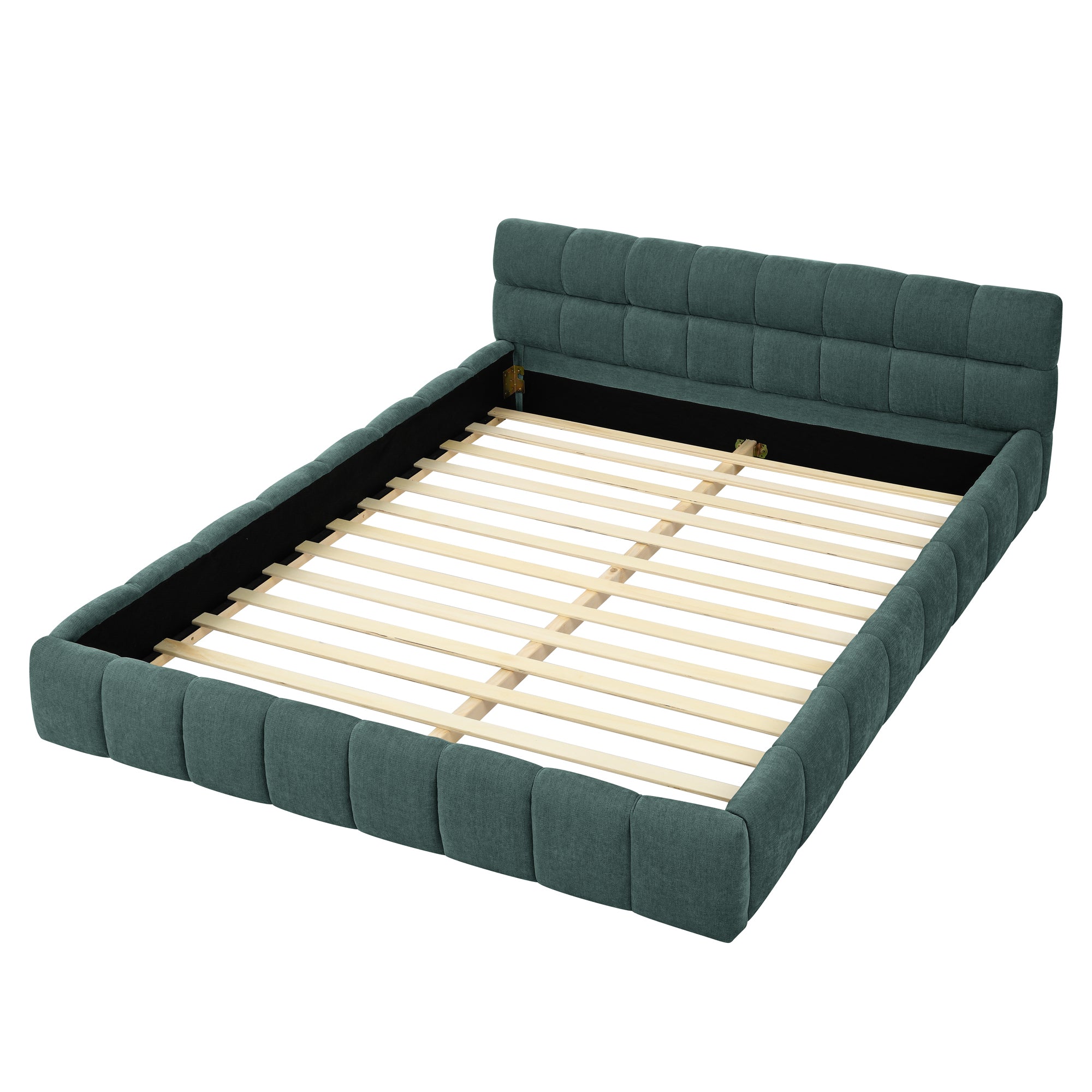 Queen Upholstered Bed Frame with Headboard, Blue-Green Chenille Fabric