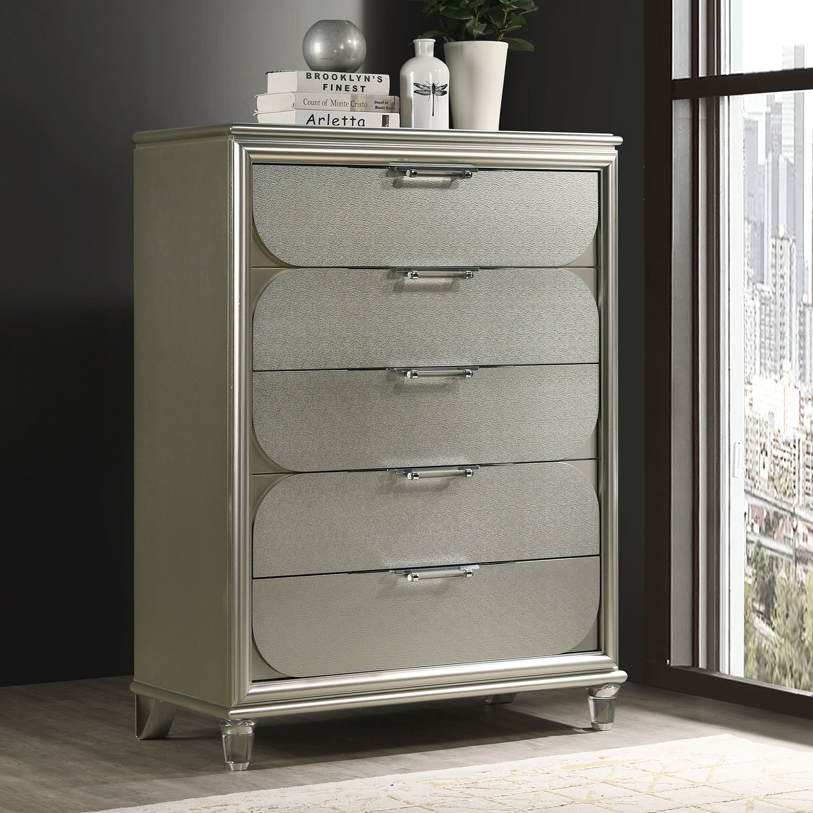 Contemporary Silver 5-Drawer Tall Dresser with Acrylic Handles