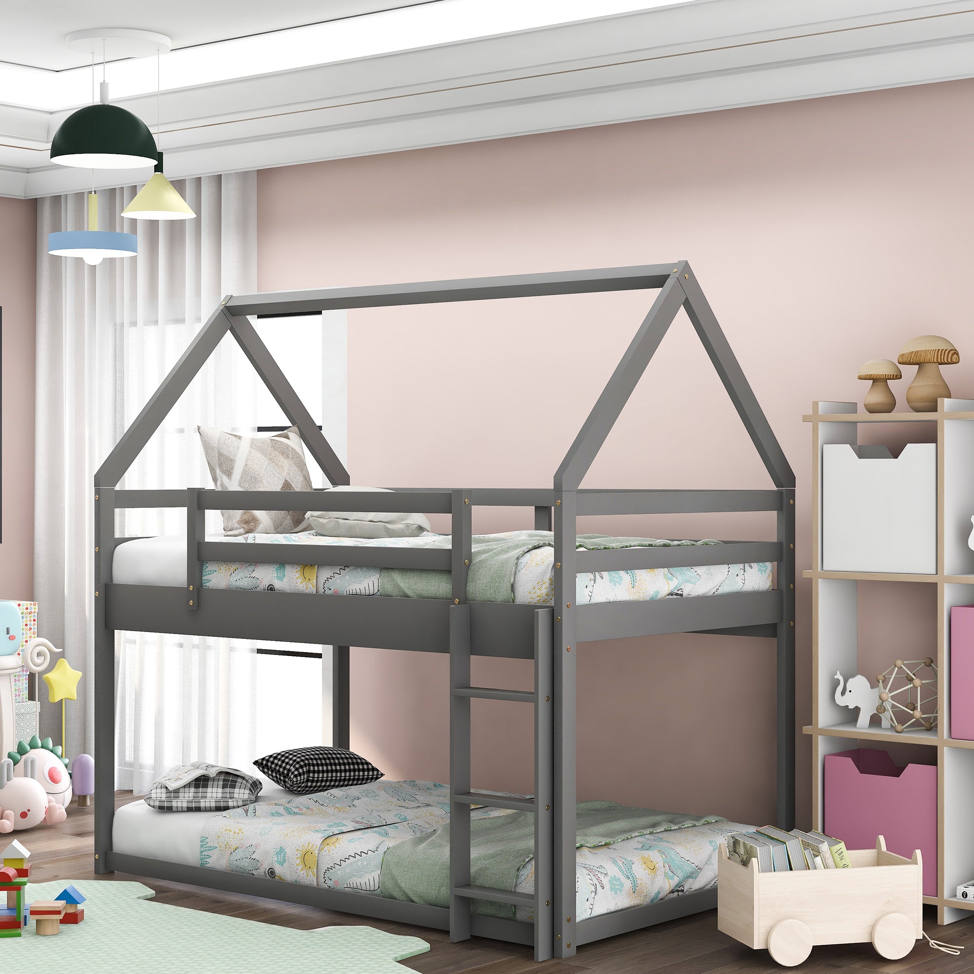 Twin Over Twin Bunk Bed with Ladder - Gray