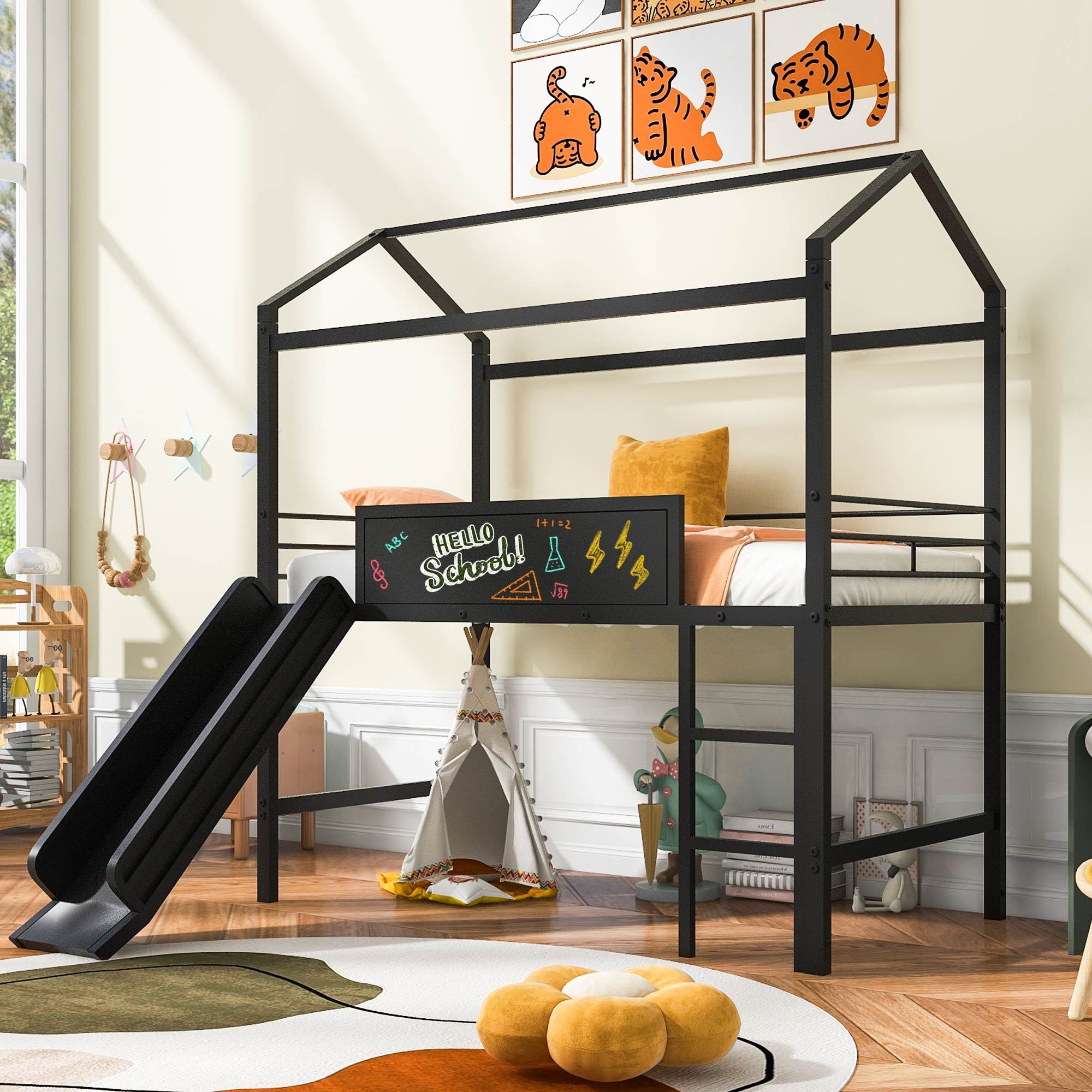 Twin Metal House Loft Bed with Slide & Writable Board (Black)