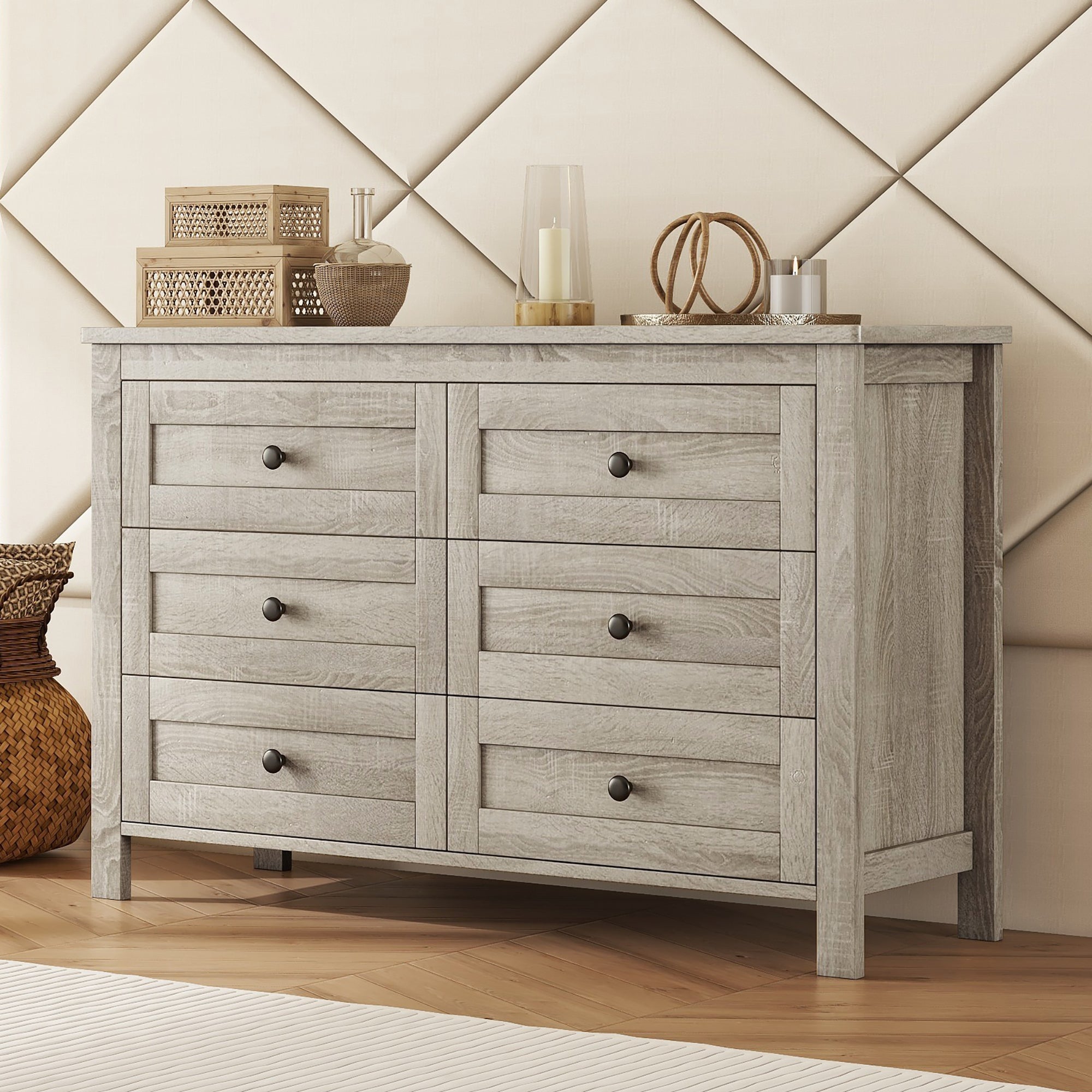 Retro Farmhouse Style Wooden Dresser 6-Drawer Storage Cabinet