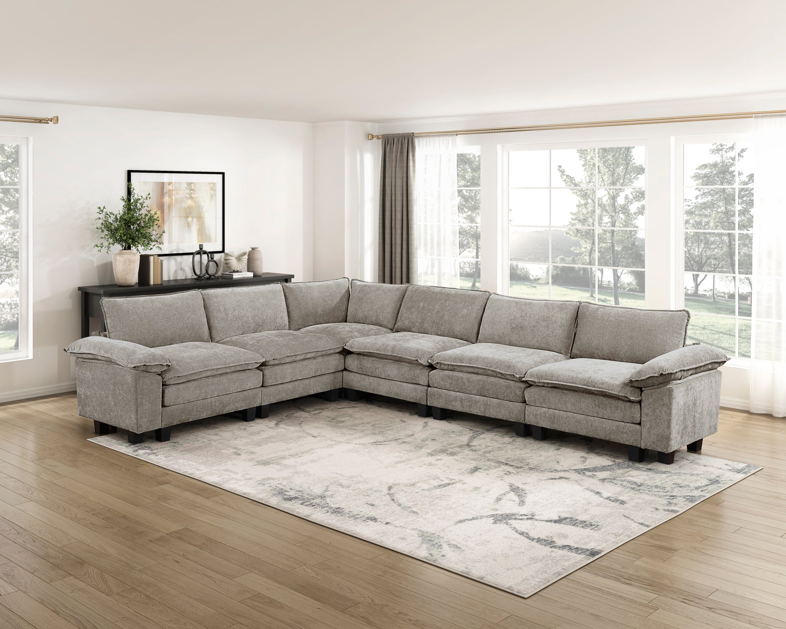 Modern Contemporary 6-Pc Modular Sectional Sofa Plush Chenille