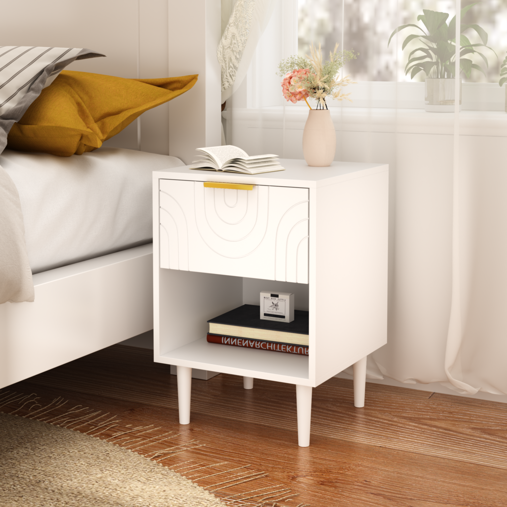 Modern White Nightstand with Drawer & Shelf, Gold Handle Bedroom