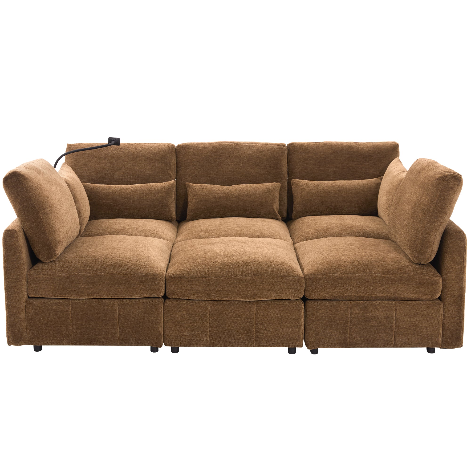Modern Brown U-shaped Sectional Sofa, Ottoman & USB Ports