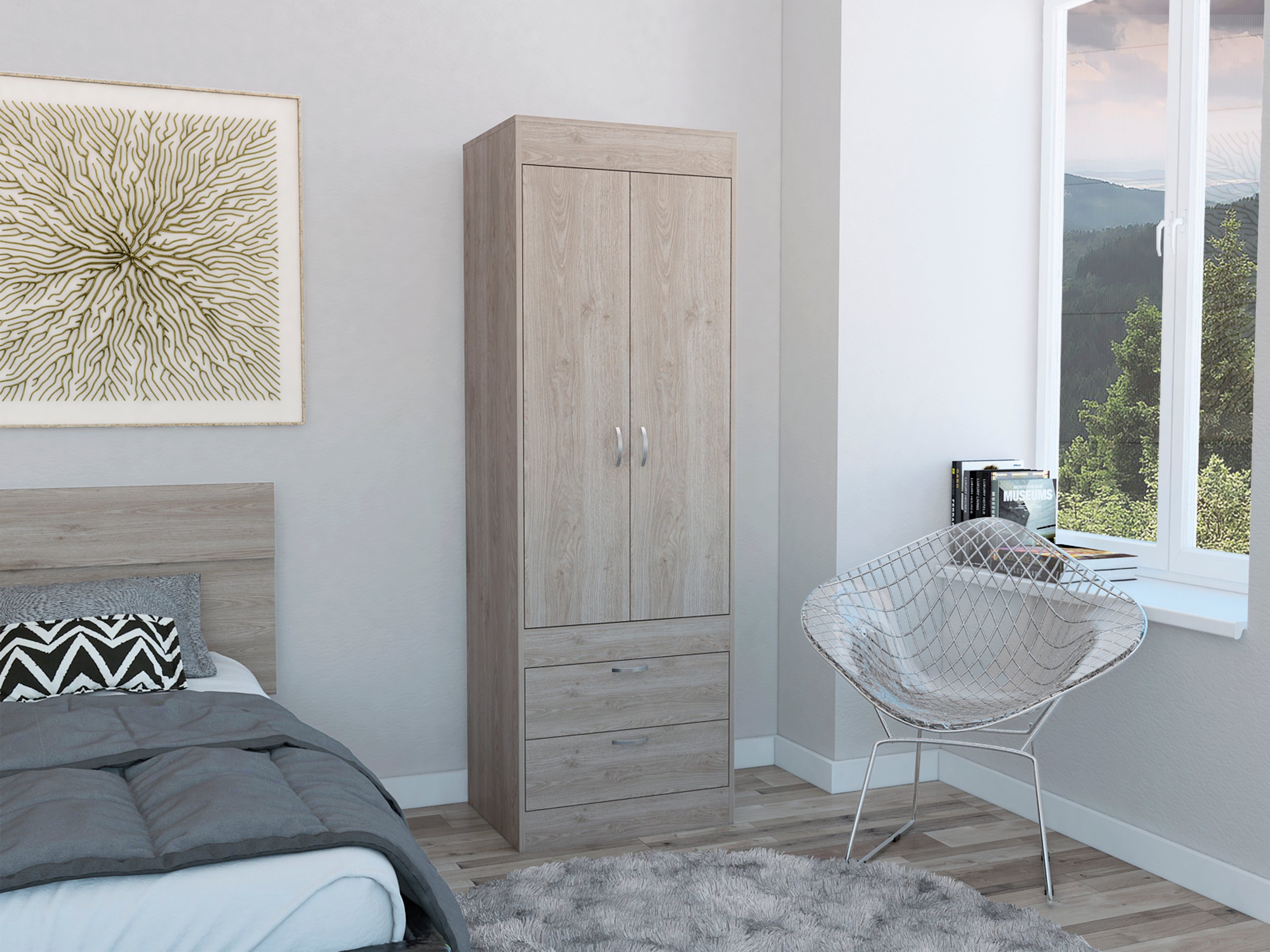 Lisboa Light Gray Armoire: Double Door, Rod & 2 Drawers