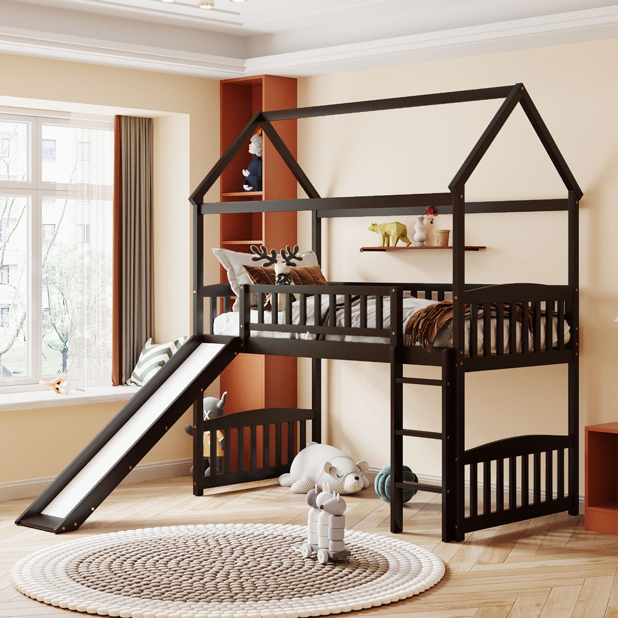 Espresso Twin Loft Bed with Slide & Playhouse Design – Kids' Room Fun